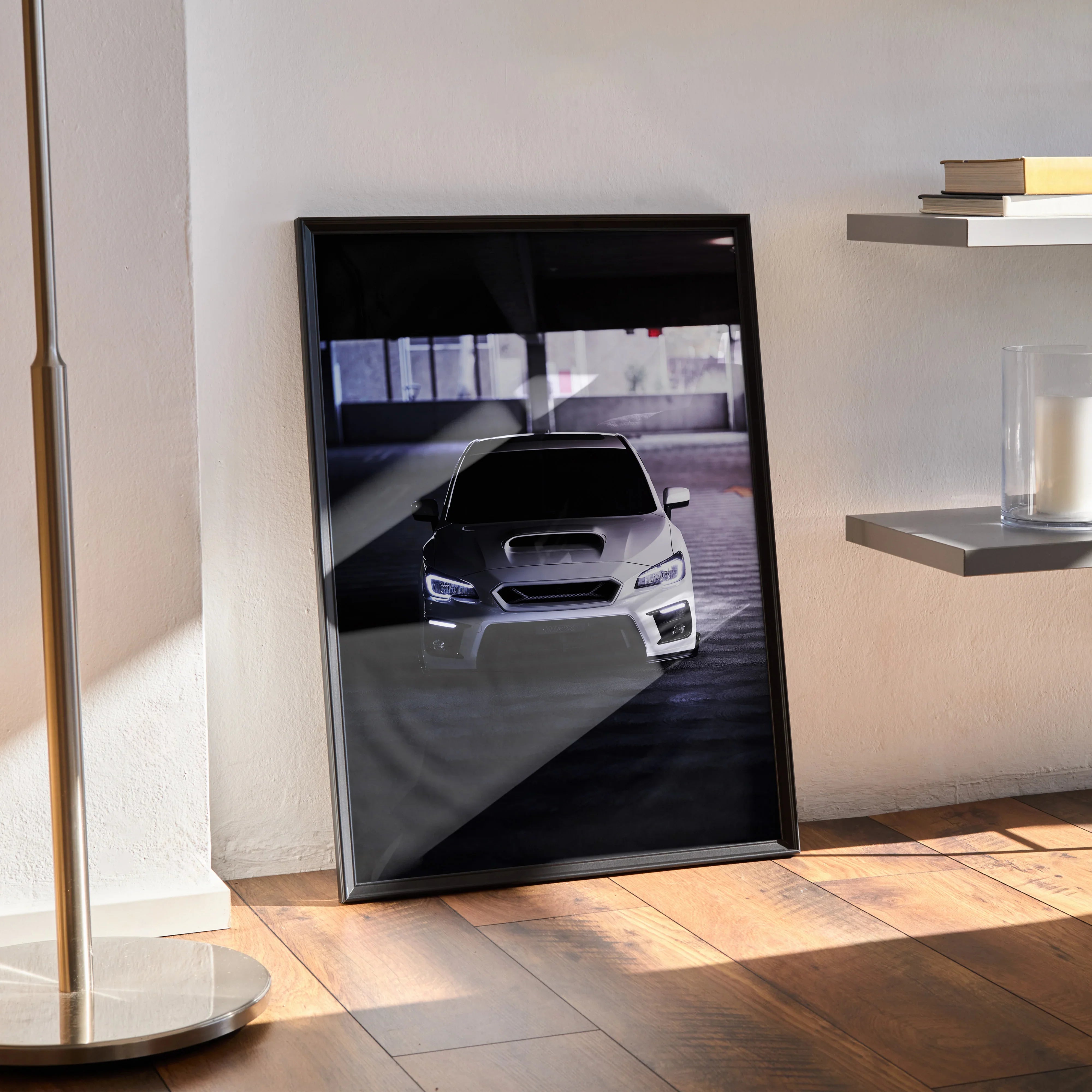 Subaru WRX wall art poster with a sleek front view of the car in a shadowy, high-contrast setting.