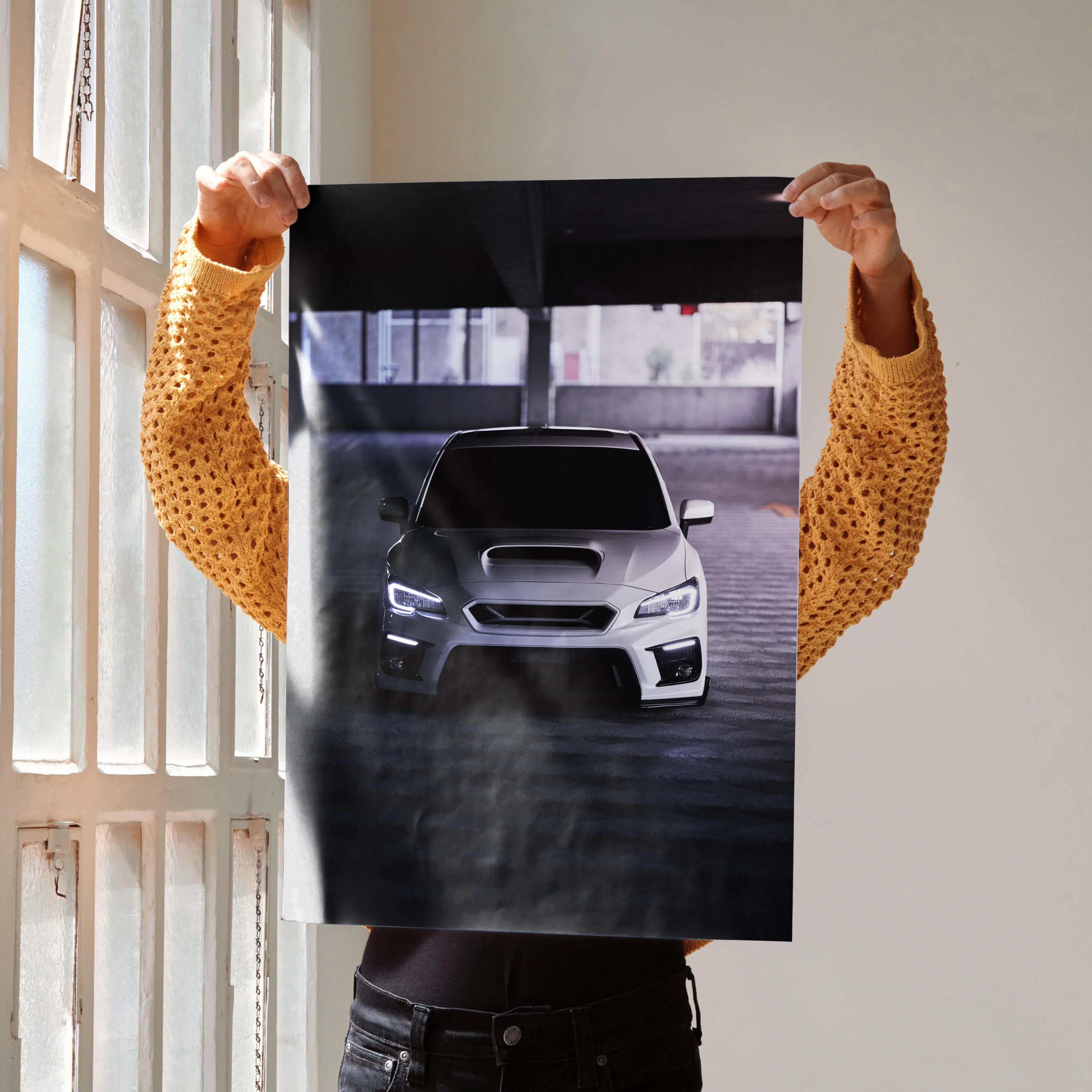 Subaru WRX front view poster with sleek silver car in dark urban setting wall art.