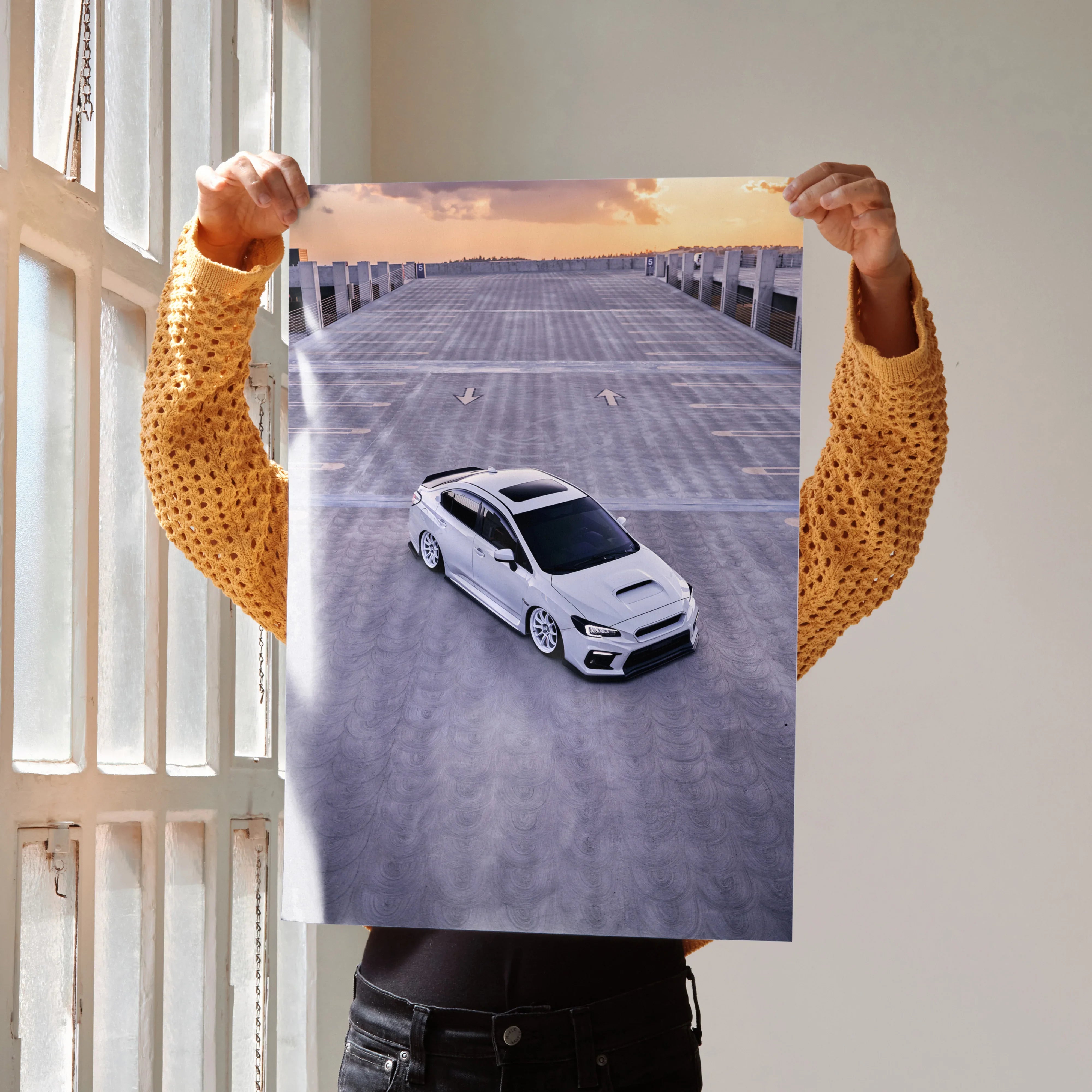 Subaru WRX poster showing a white WRX on a rooftop parking lot, wall art for car enthusiasts.