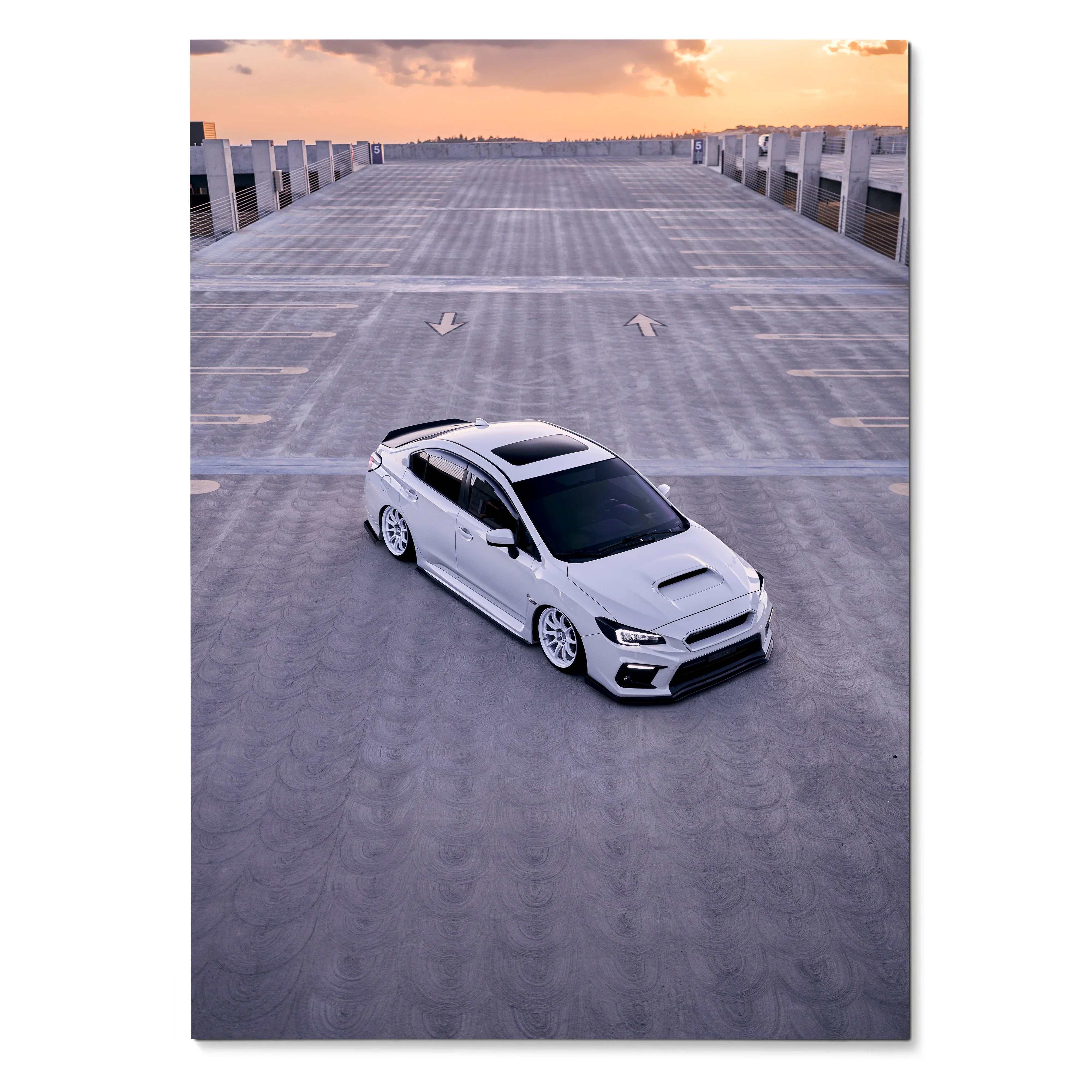 White Subaru WRX parked on rooftop at sunset automotive art poster wall art.