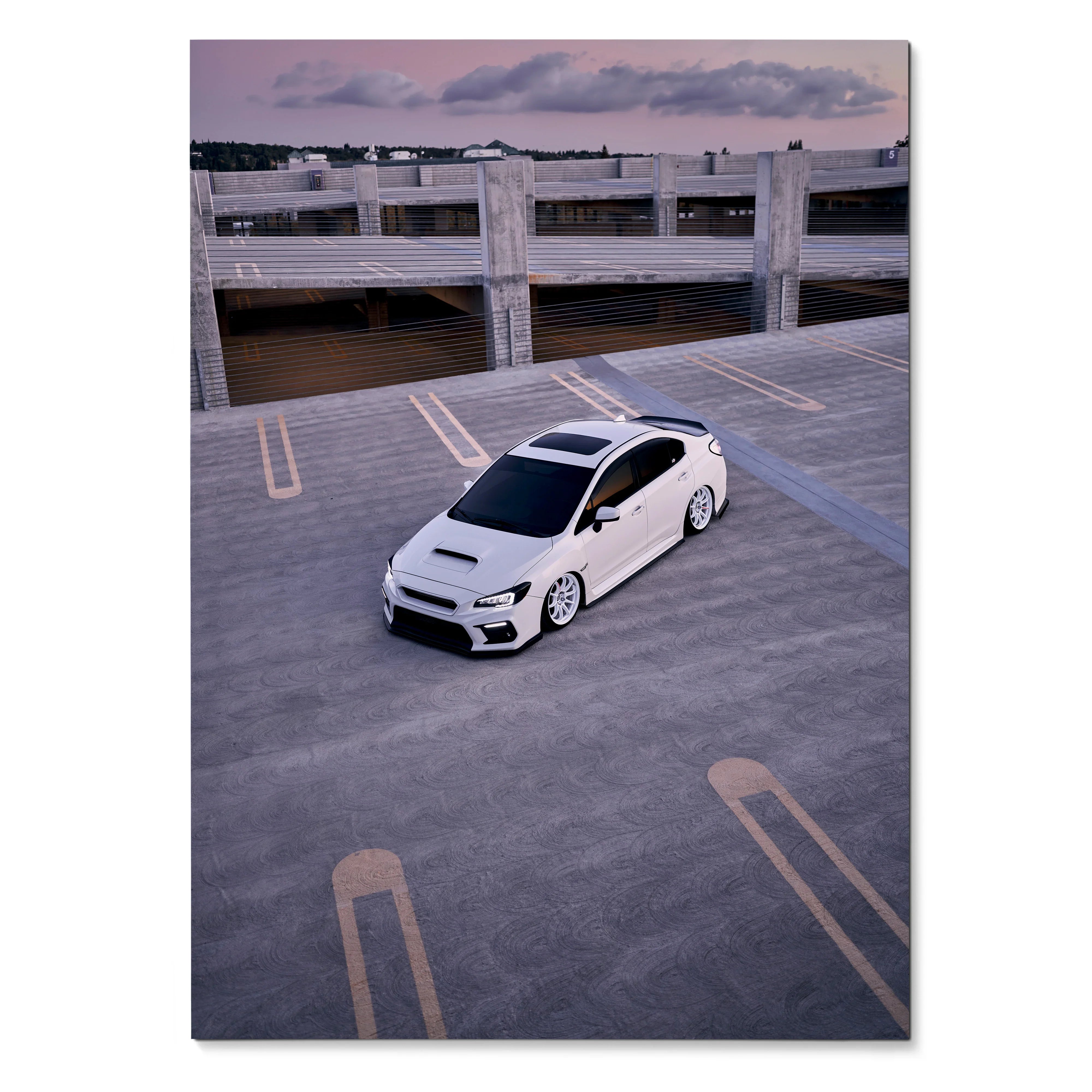 Subaru WRX white car angled in empty rooftop parking lot poster wall art.