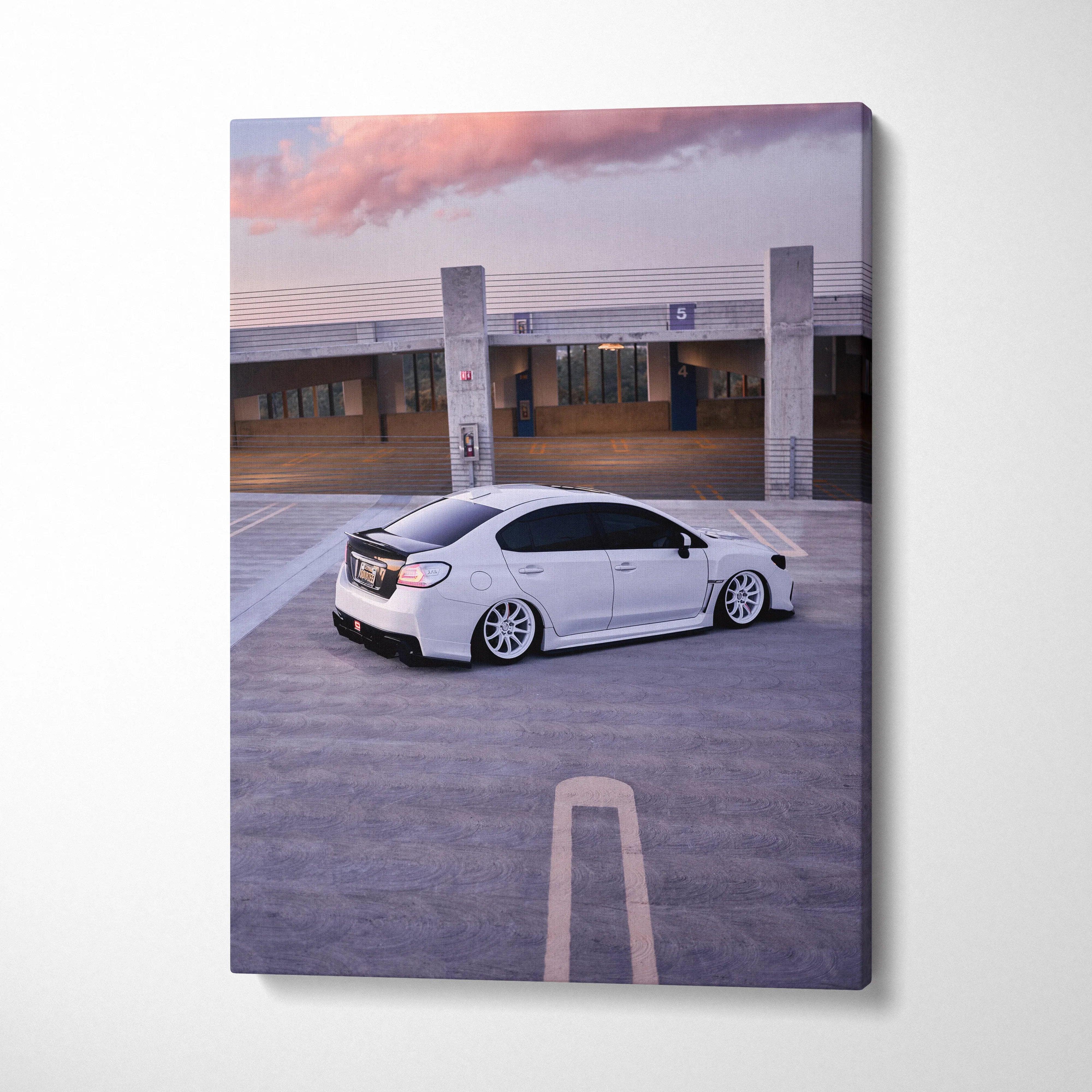 Subaru WRX white car canvas wall art with urban parking lot background and sunset sky.