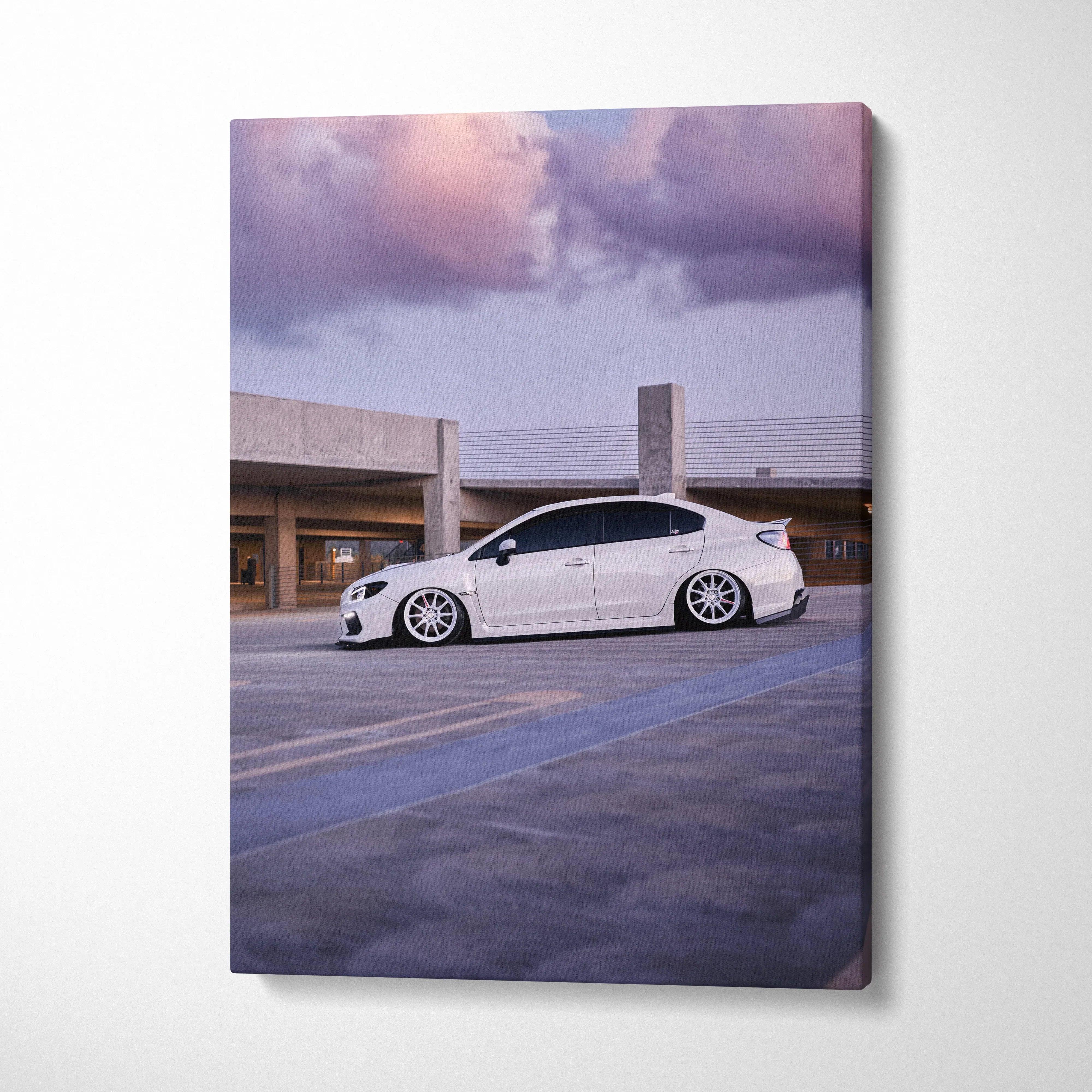 White Subaru WRX parked under purple sunset sky on vertical canvas wall art.