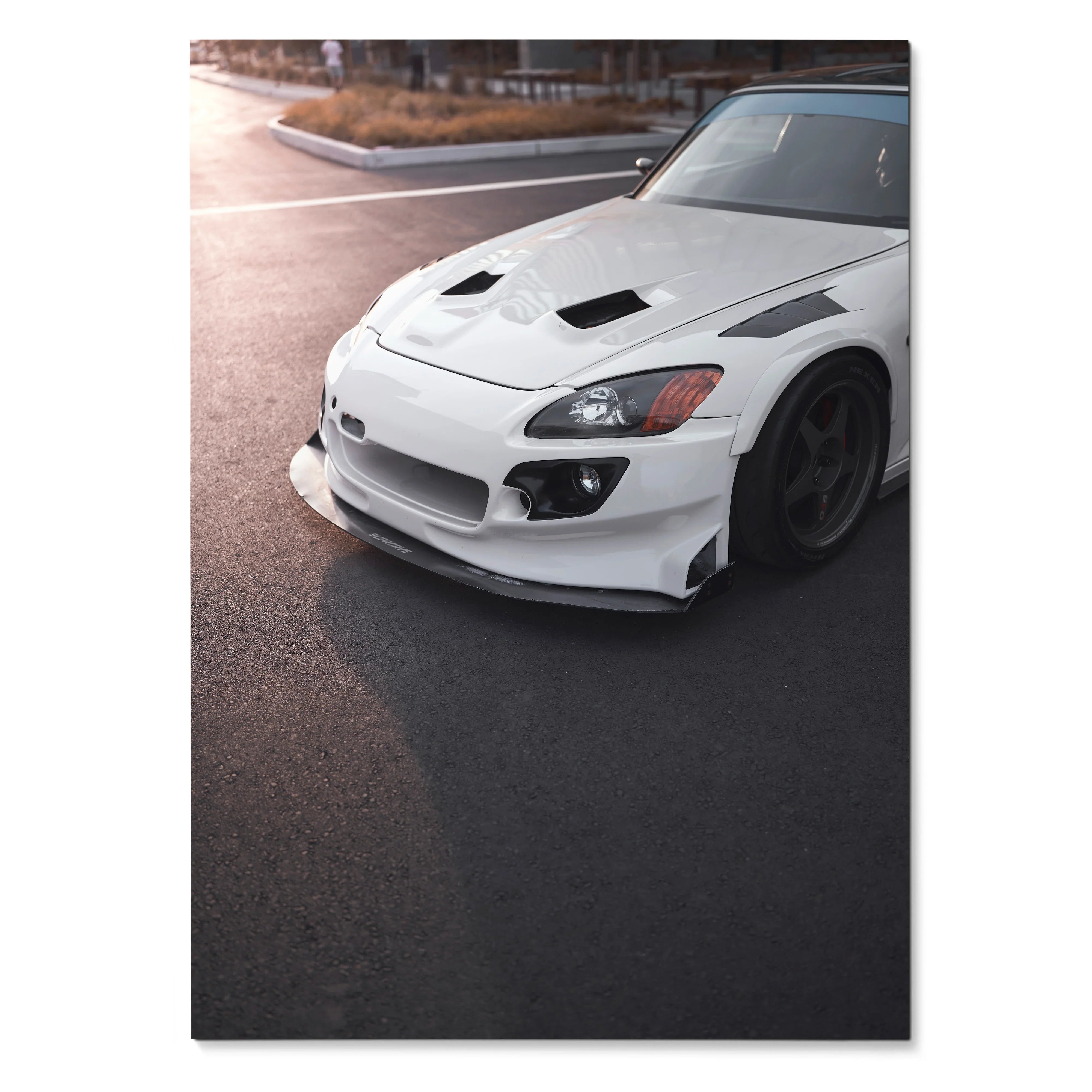 White Honda S2000 close-up front view poster with sporty hood vents and sleek design wall art.