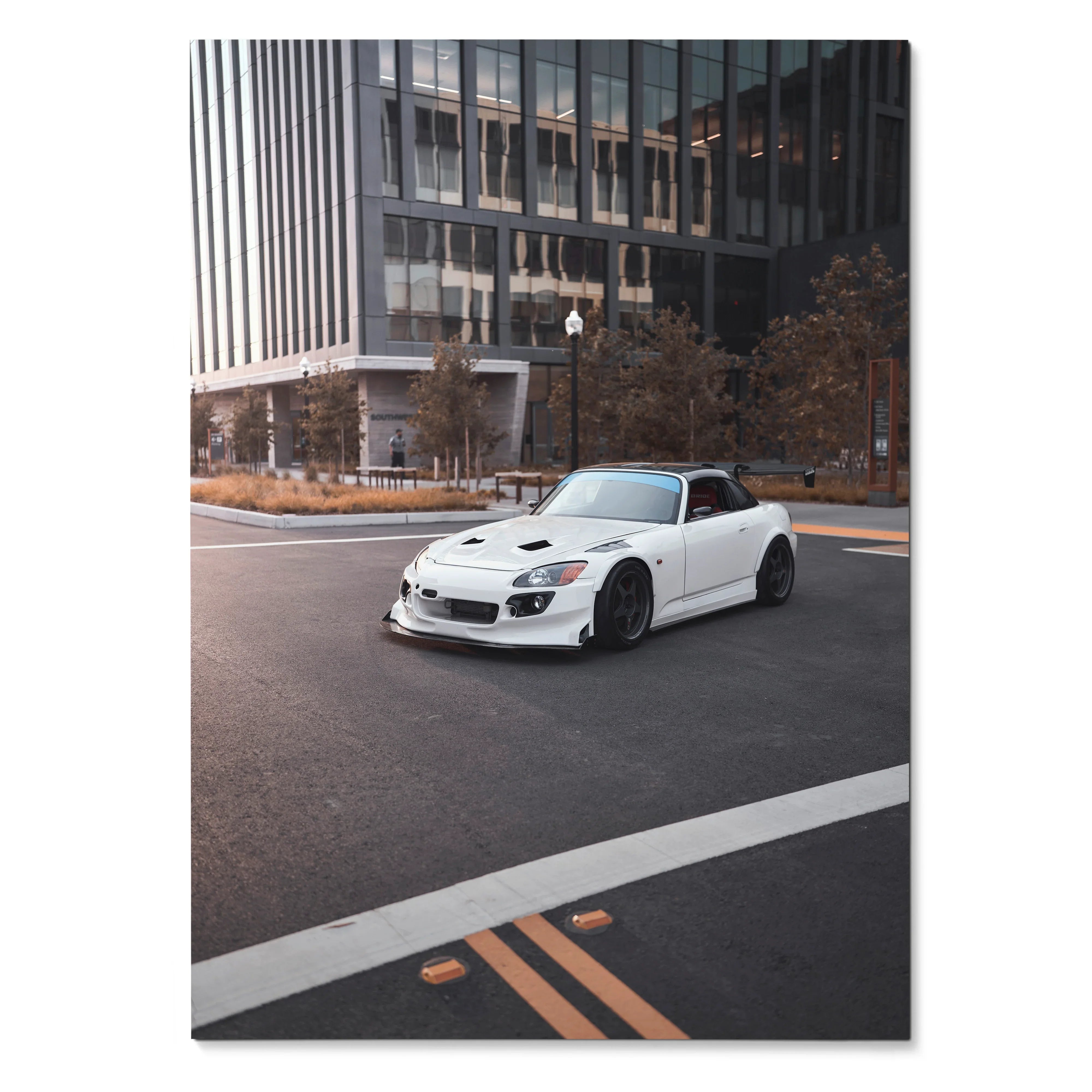 Honda S2000 white sports car parked in urban setting poster wall art.