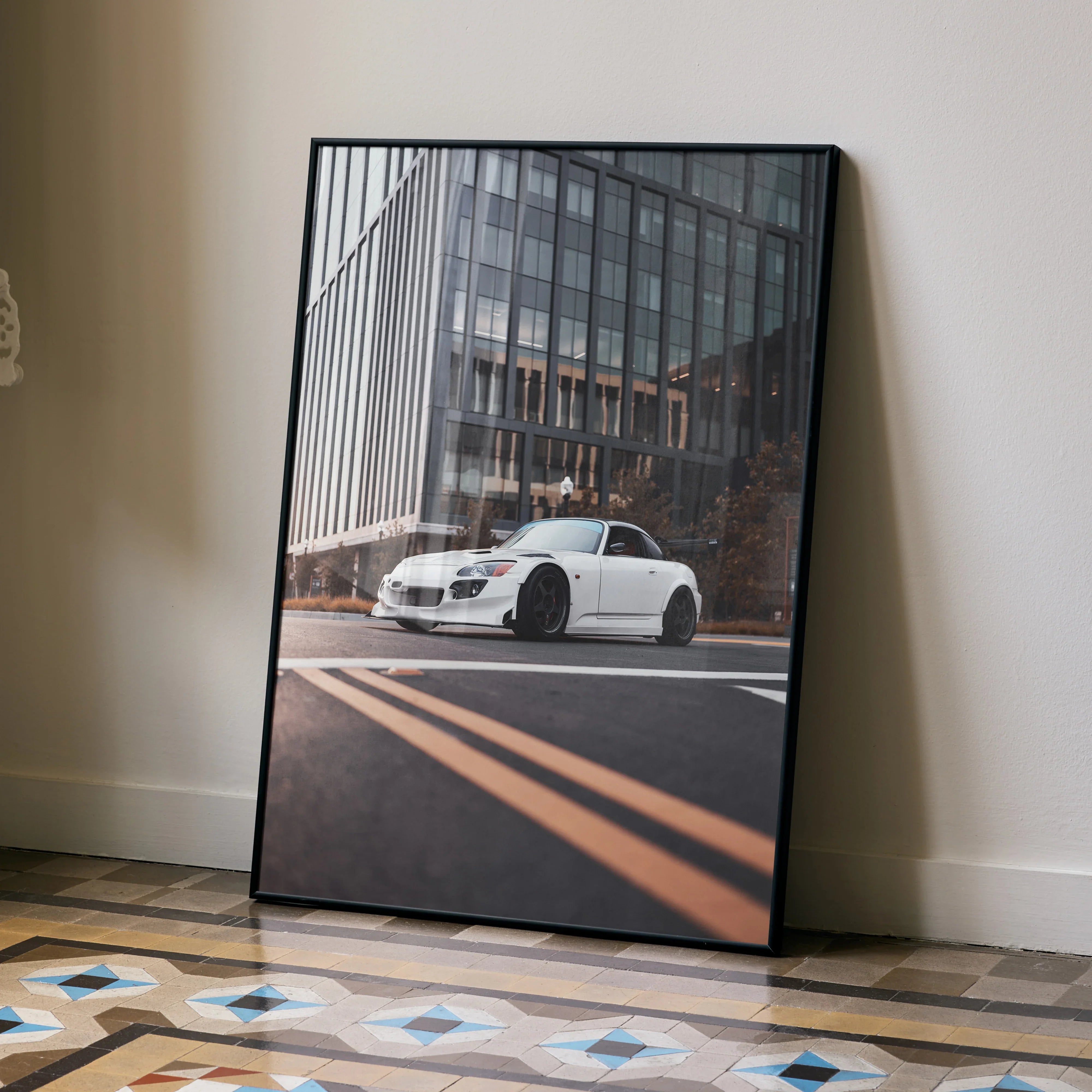 Honda S2000 poster featuring white sports car on city street, modern automotive wall art.