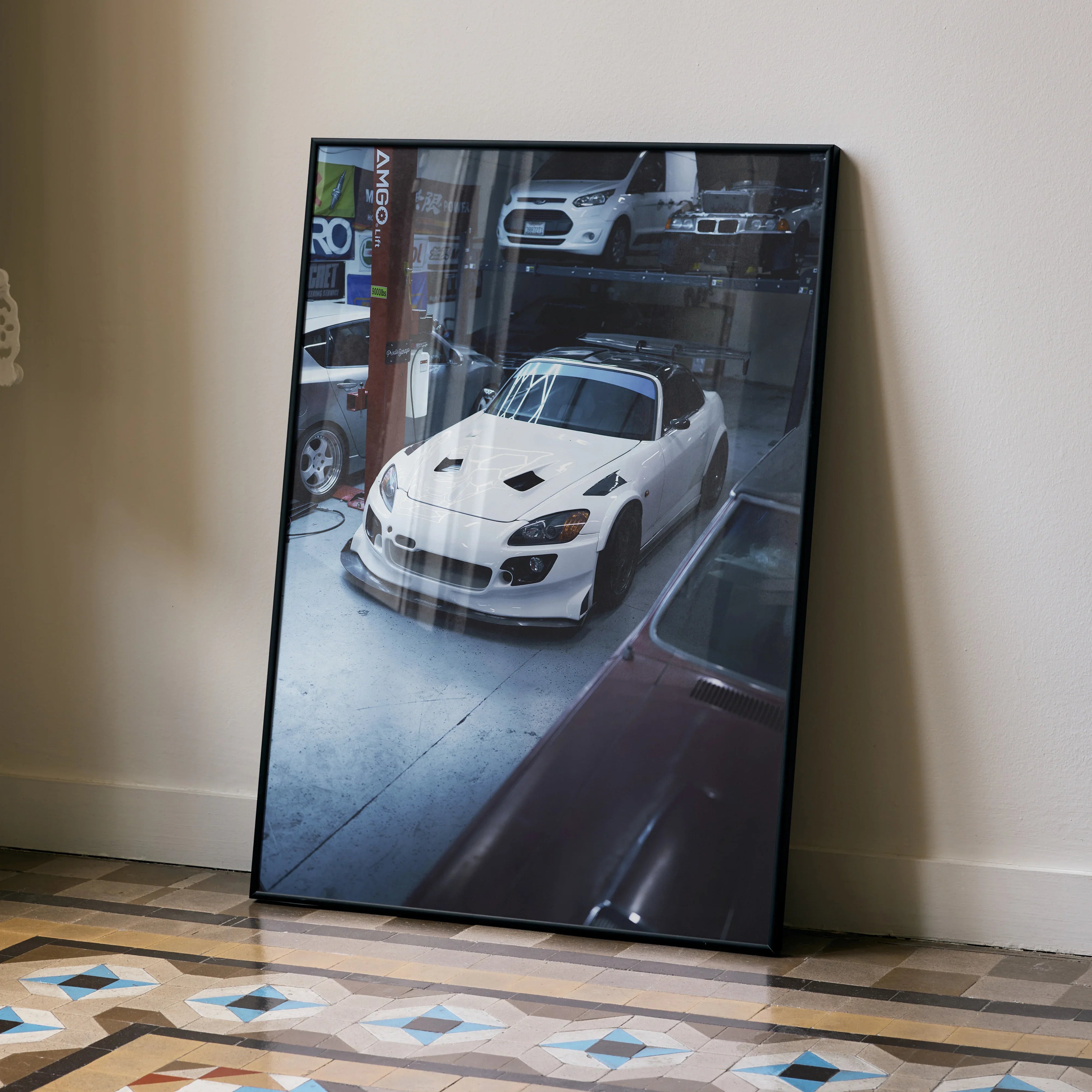 Honda S2000 white sports car poster framed as elegant automotive wall art.