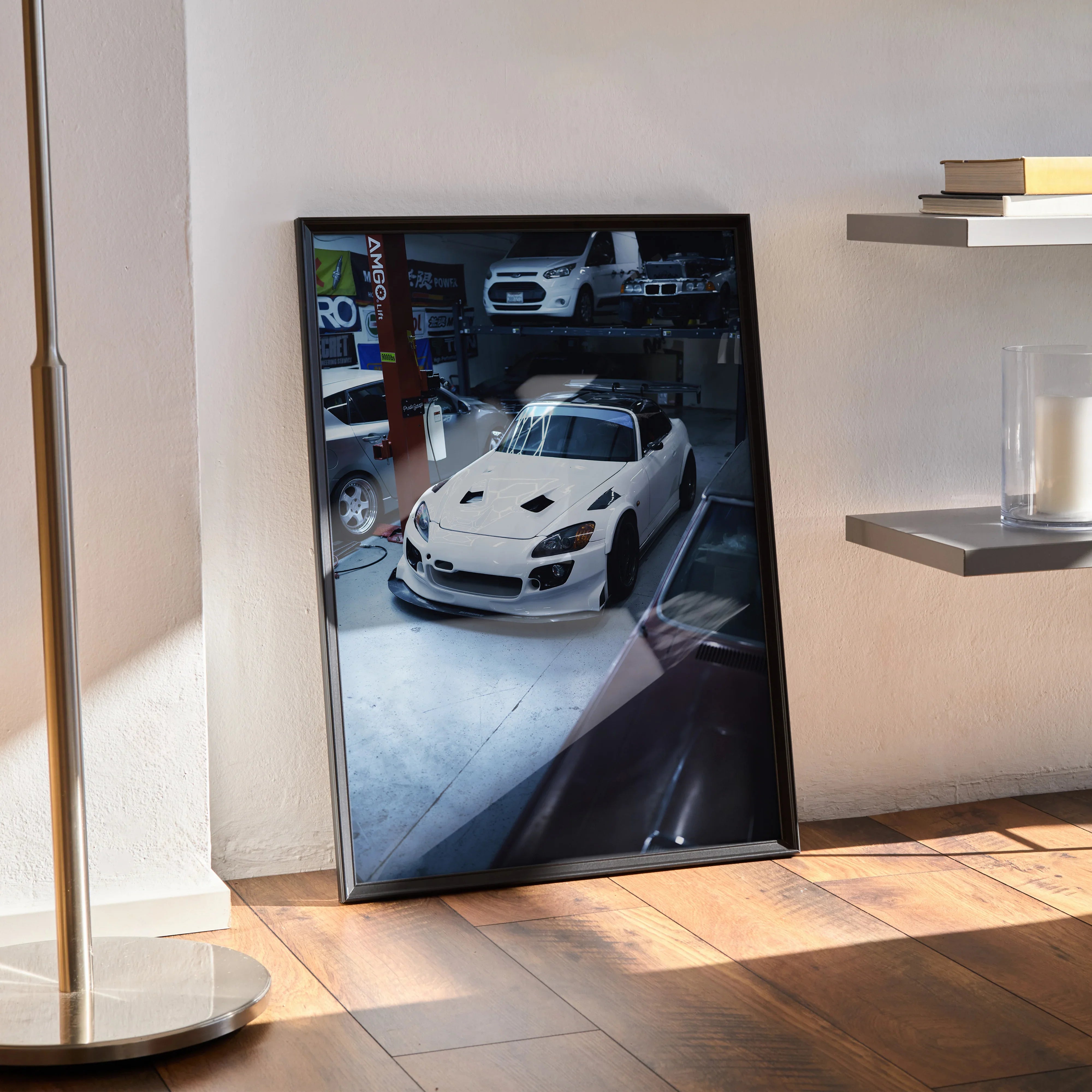 Honda S2000 car poster with high contrast lighting displayed as wall art in black frame.