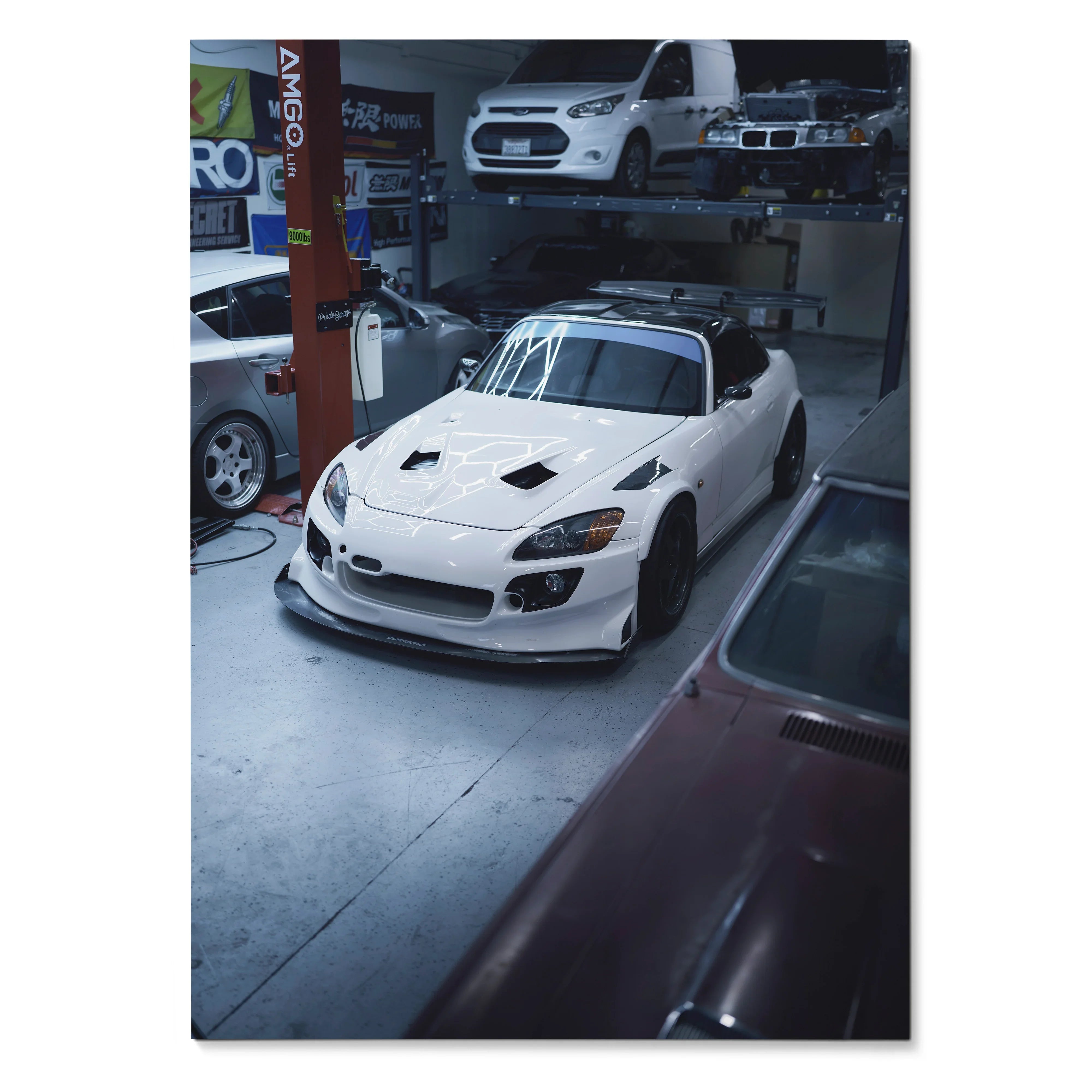 Honda S2000 white sports car in garage poster, automotive wall art with high detail.