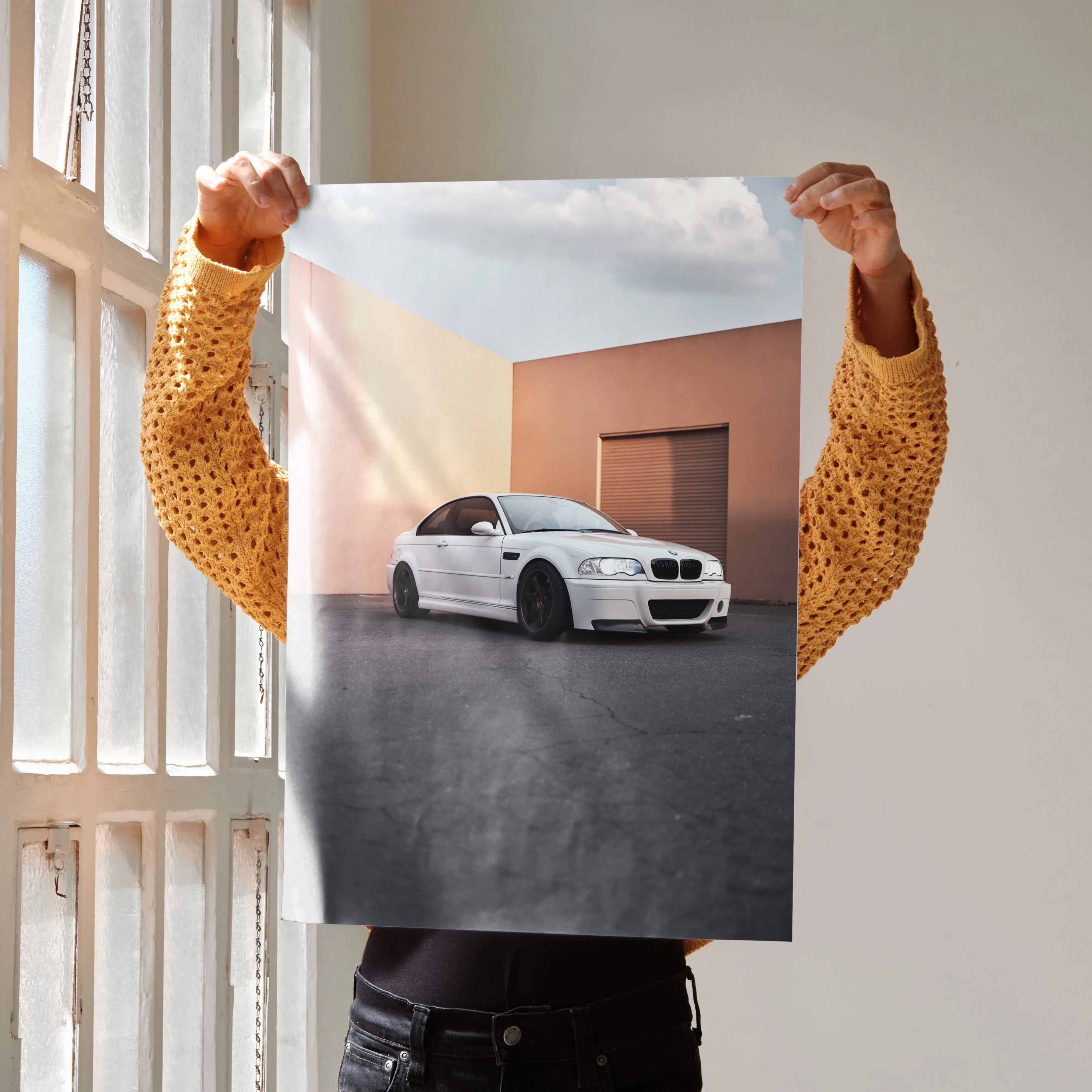 BMW E46 M3 white car poster with modern architectural background, automotive wall art.