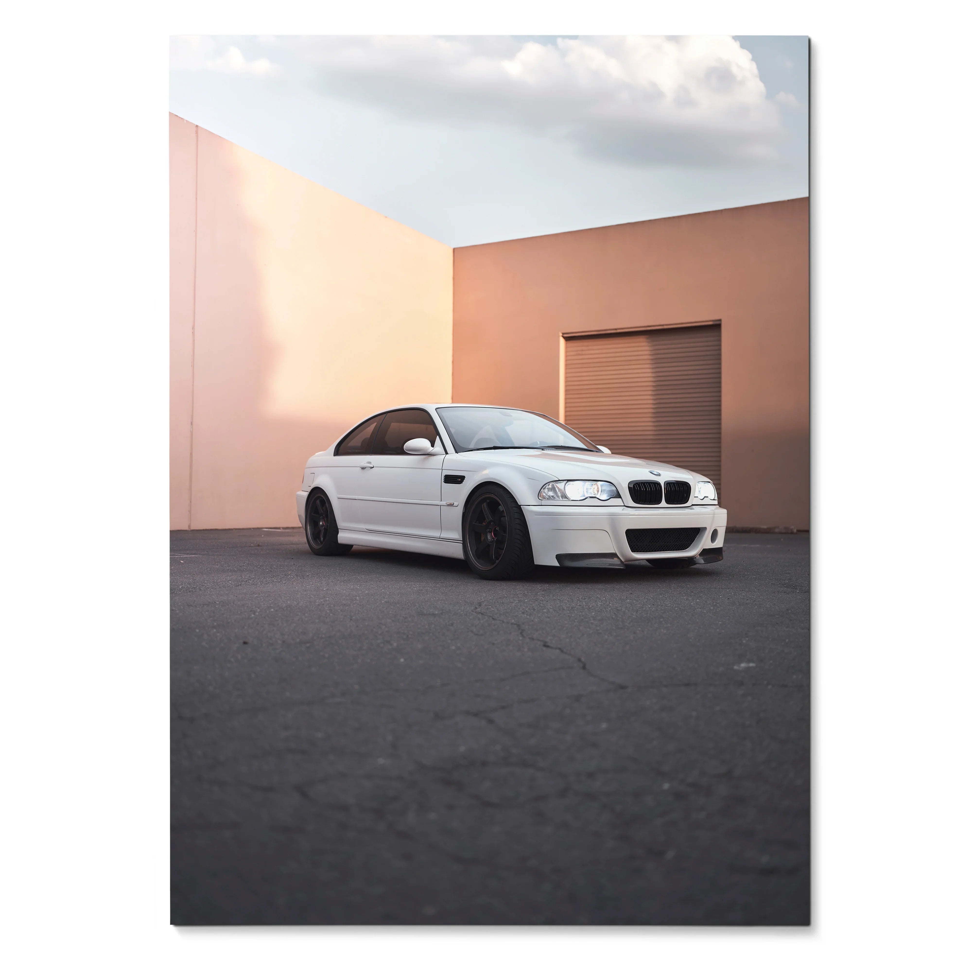 BMW E46 M3 in white parked against peach wall, high-resolution automotive poster wall art.
