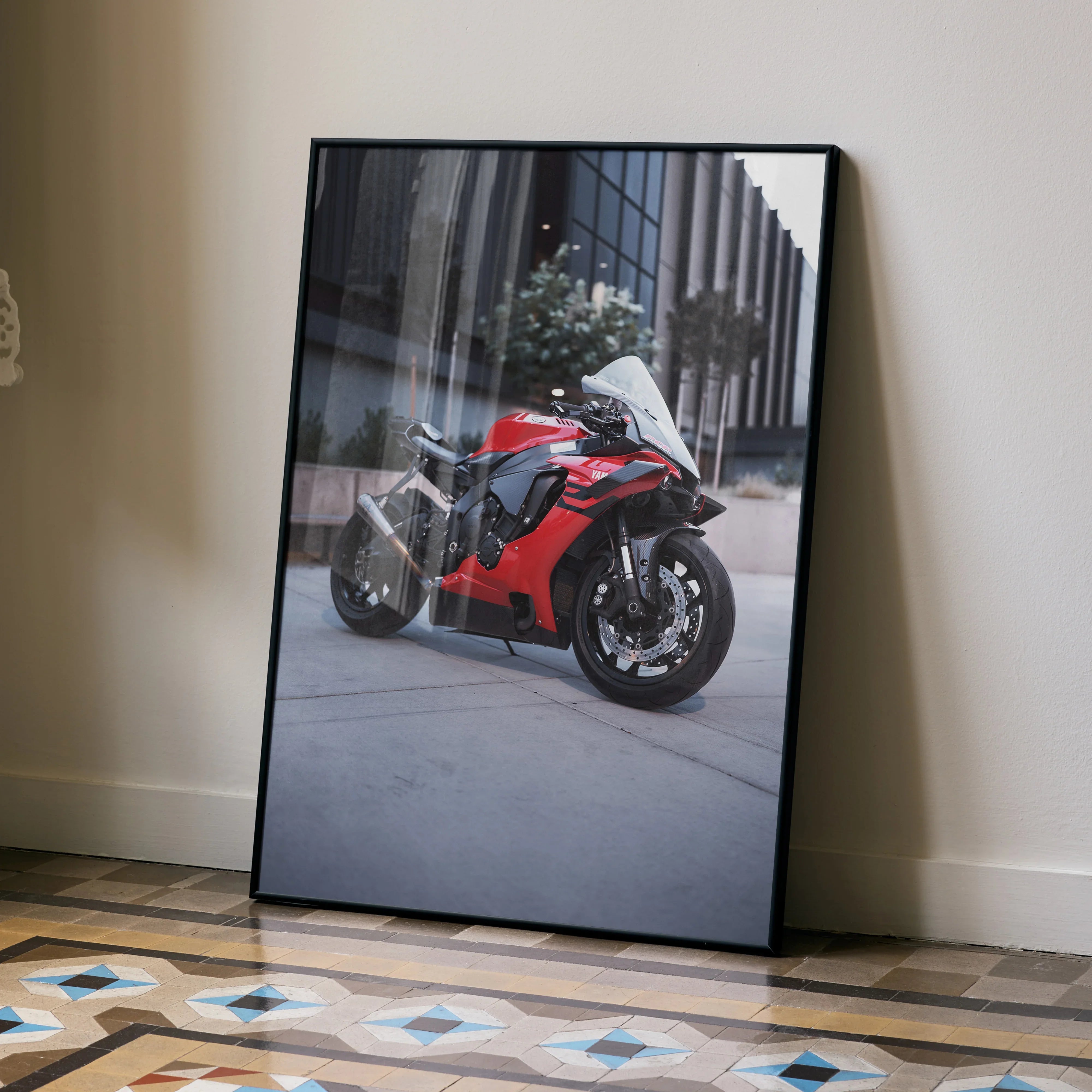 Yamaha R1 motorcycle poster with red and black bike in urban setting, sleek wall art.