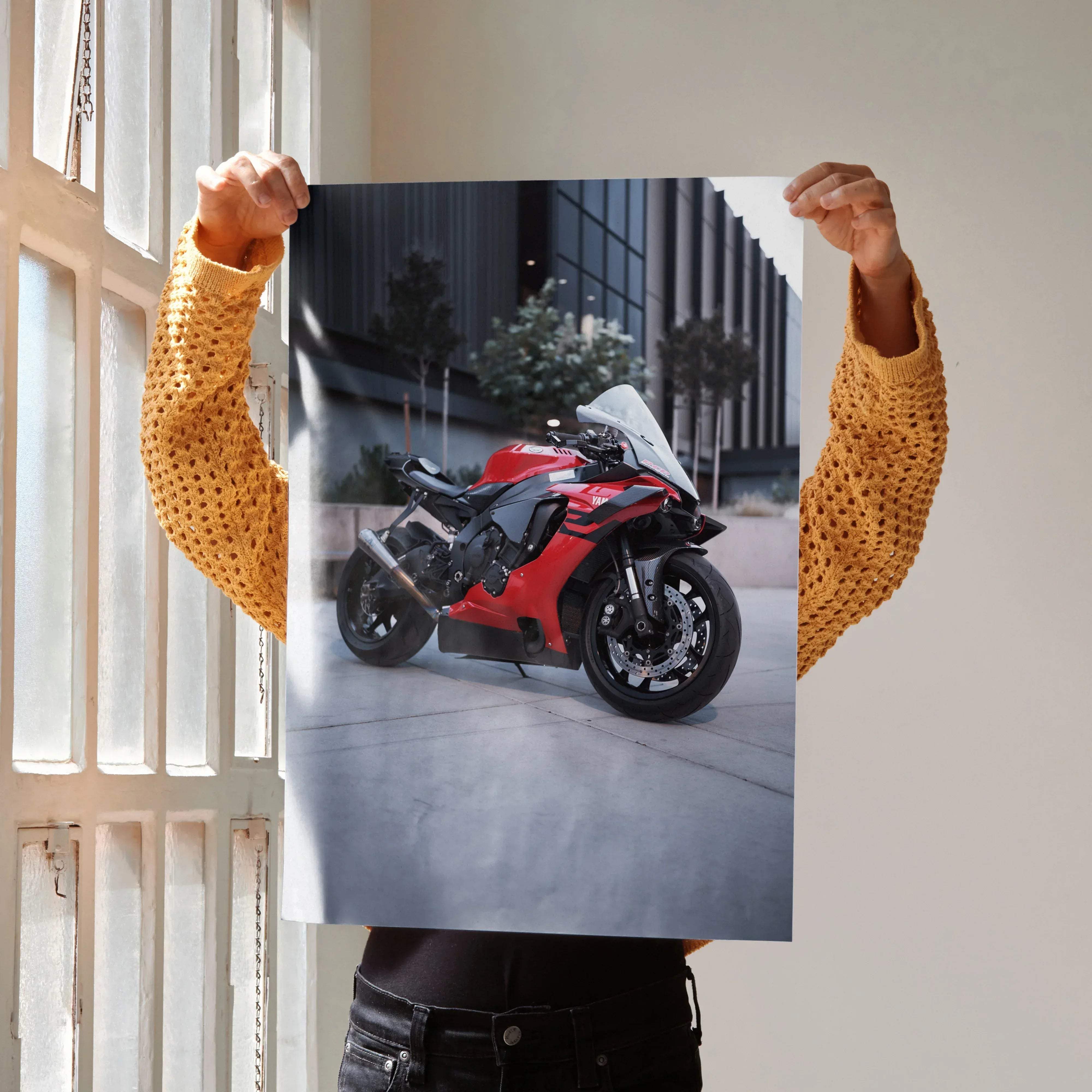 Red and black Yamaha R1 ultimate dream machine art poster featuring a sleek aerodynamic sport motorcycle with white accents