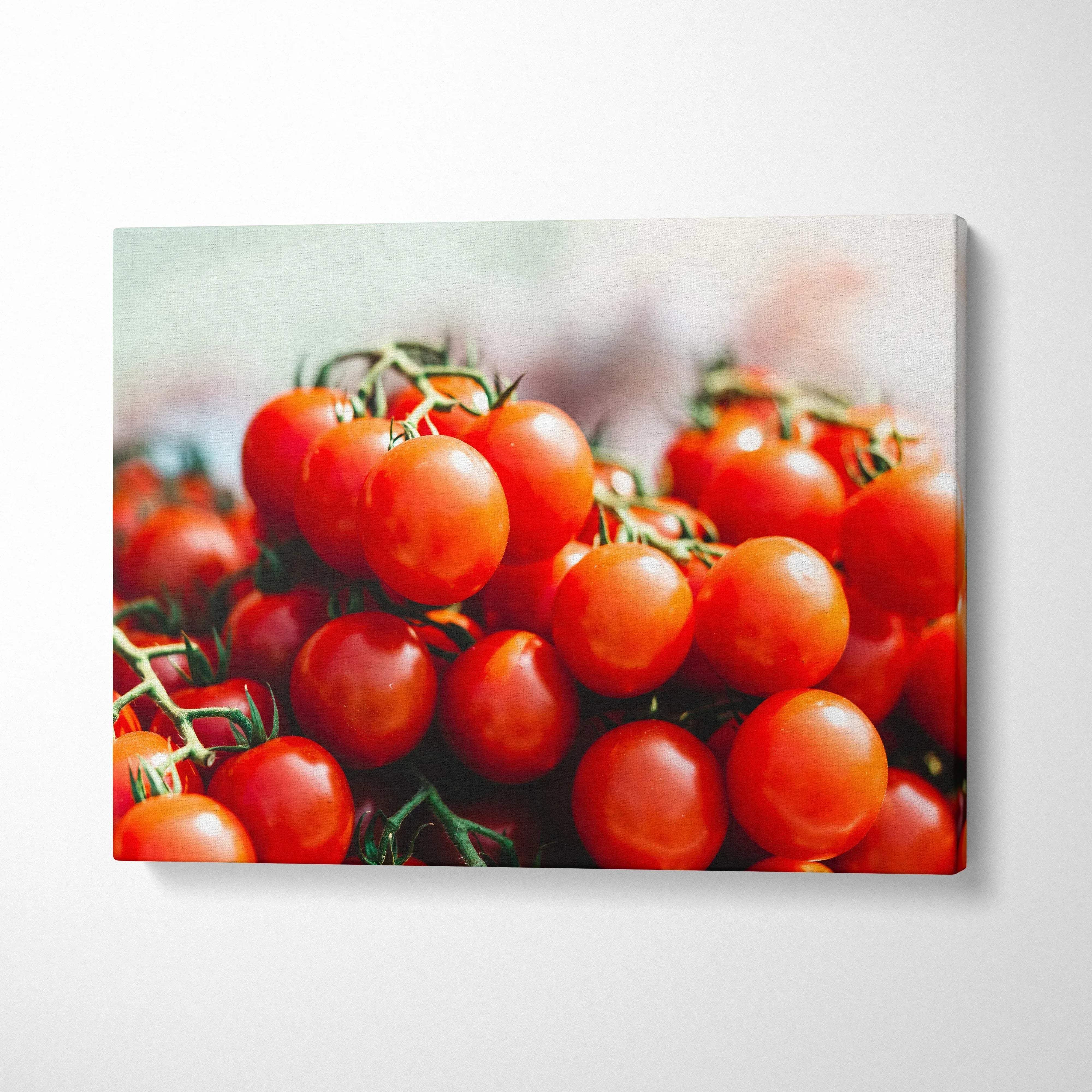 Vibrant tomato cluster canvas wall art with rich reds and green stems, kitchen decor canvas art.
