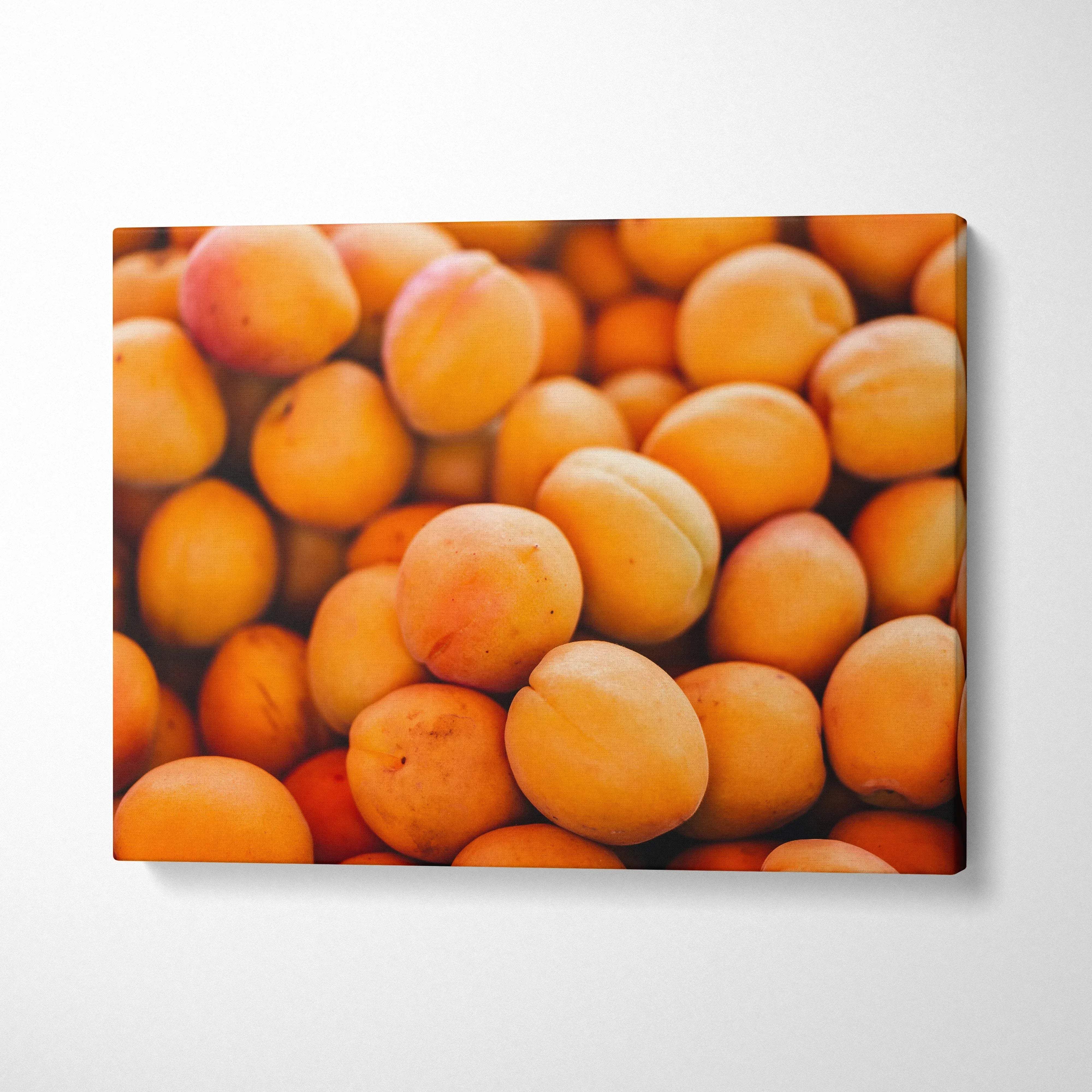 Orange apricot fruit canvas print featuring warm sunny orange peaches ideal for kitchen decor and fresh still life art