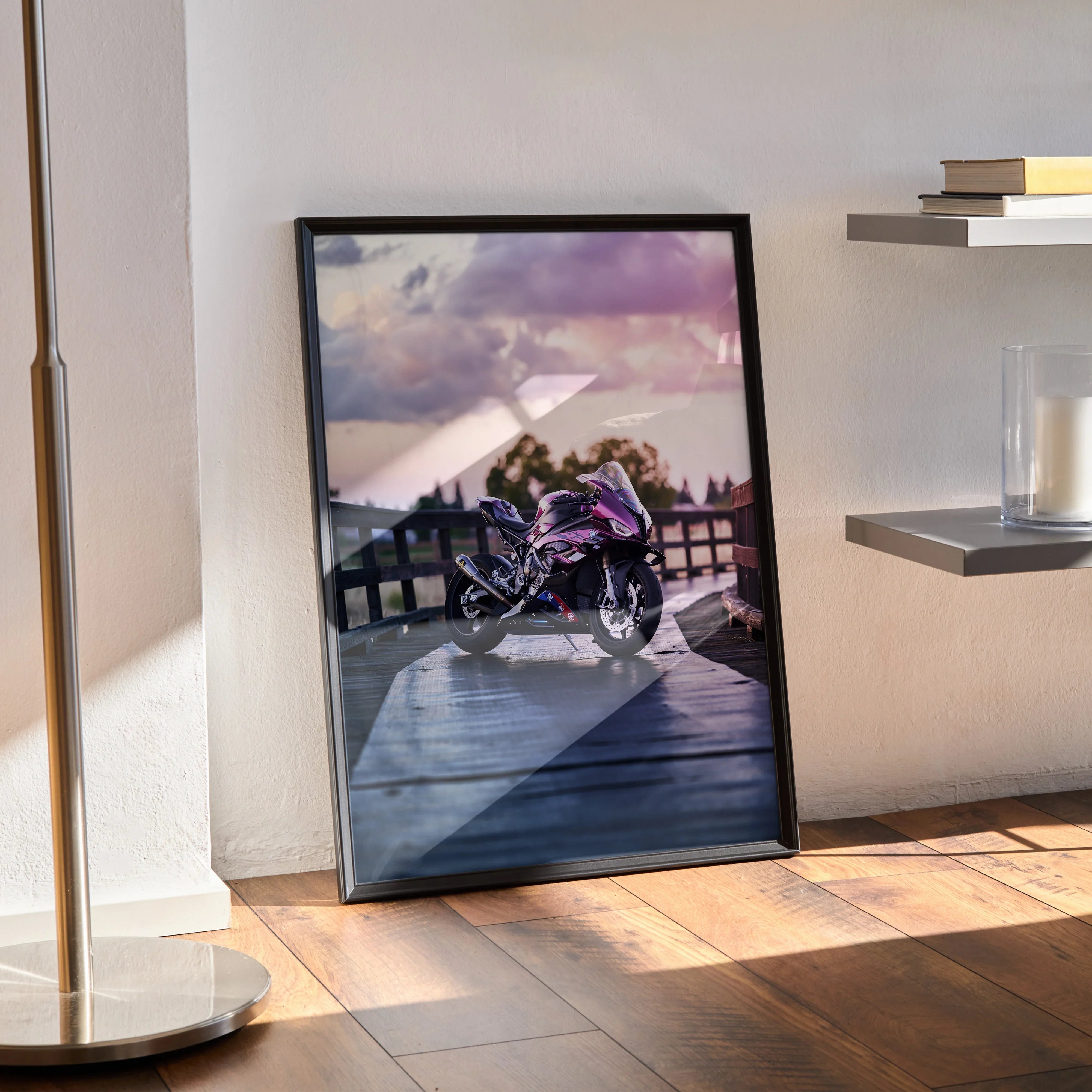 BMW S1000RR motorcycle poster with sunset background, vibrant wall art in black frame.