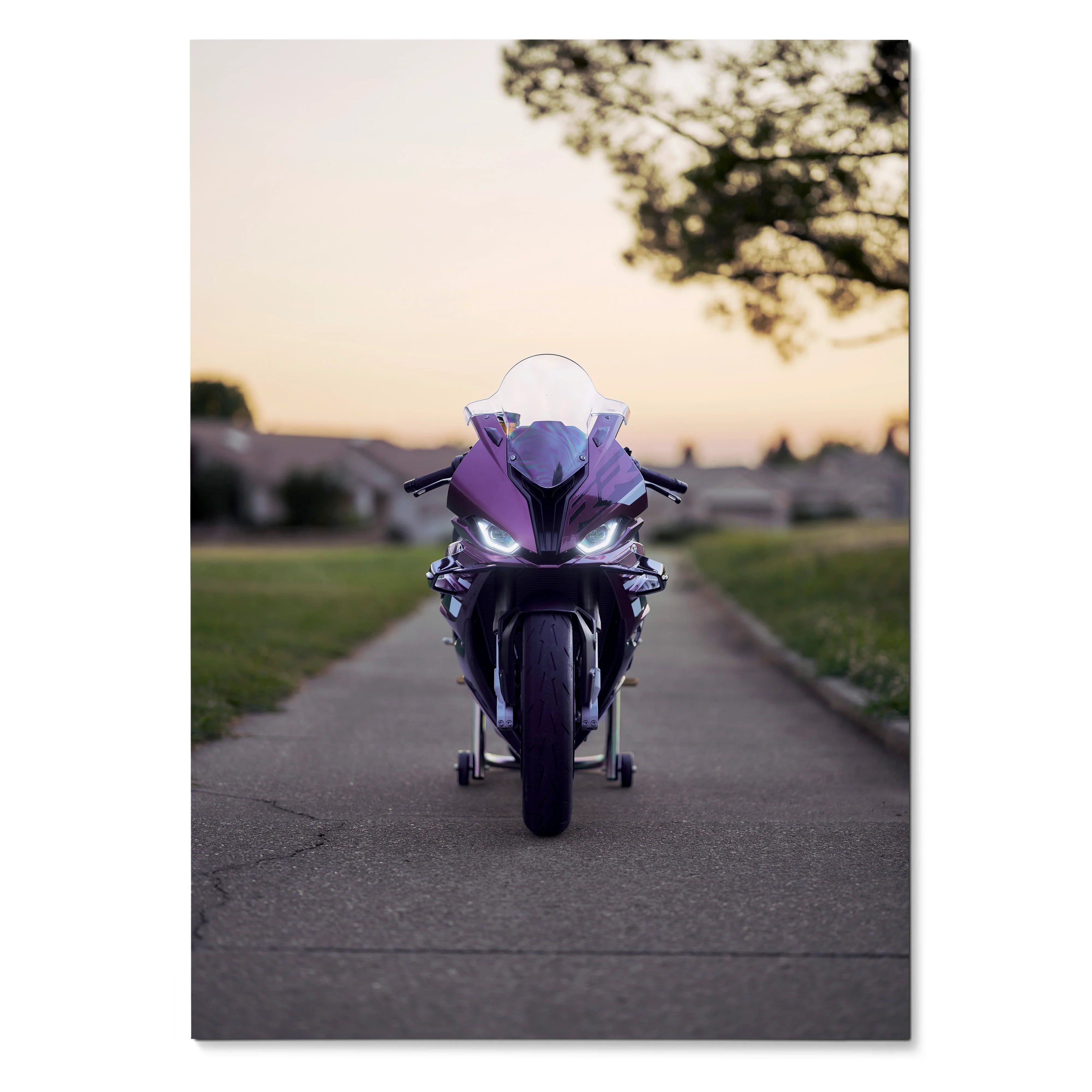 BMW S1000RR motorcycle front view poster with sunset background wall art.