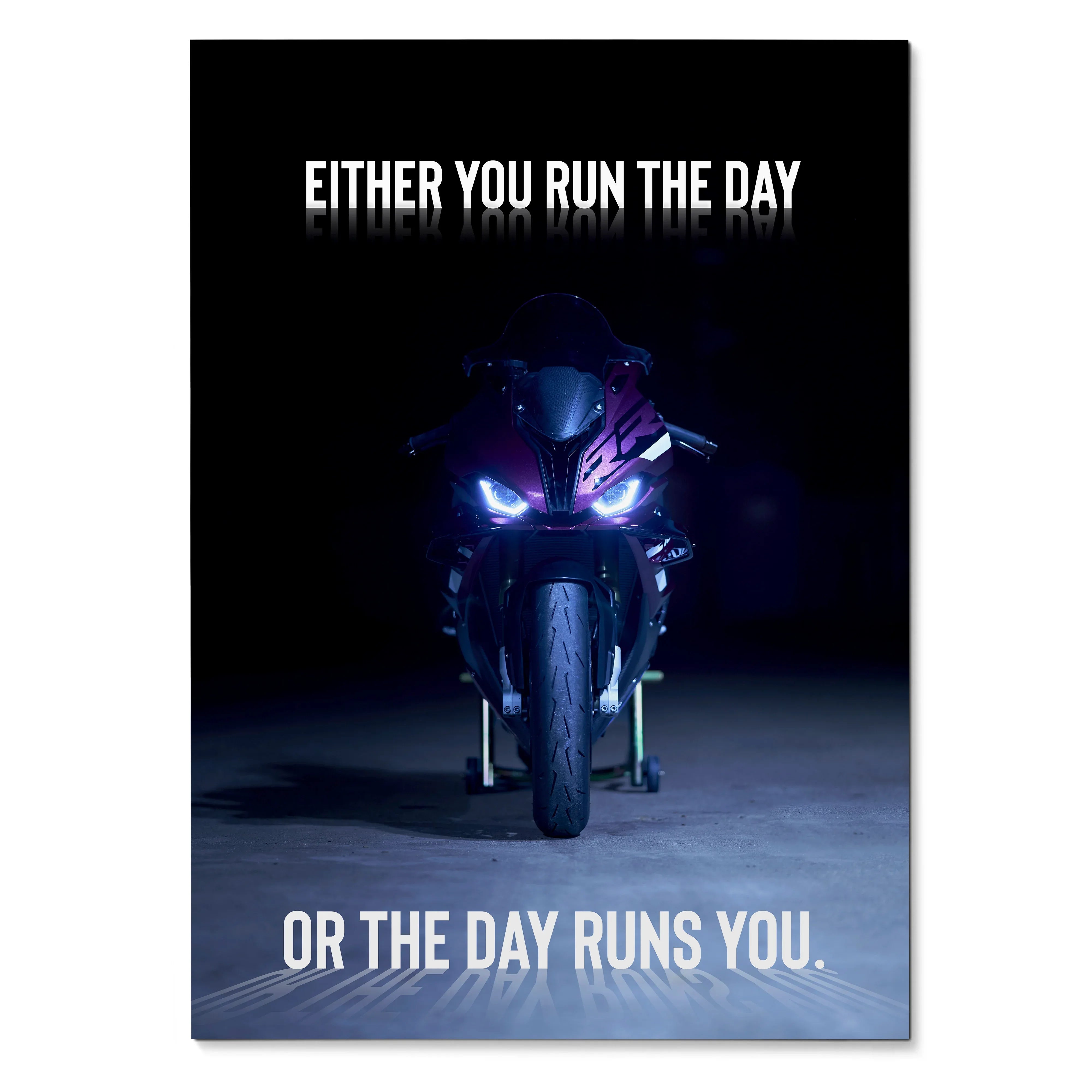 Poster featuring a BMW S1000RR motorcycle with glowing headlights and motivational text on black background wall art.