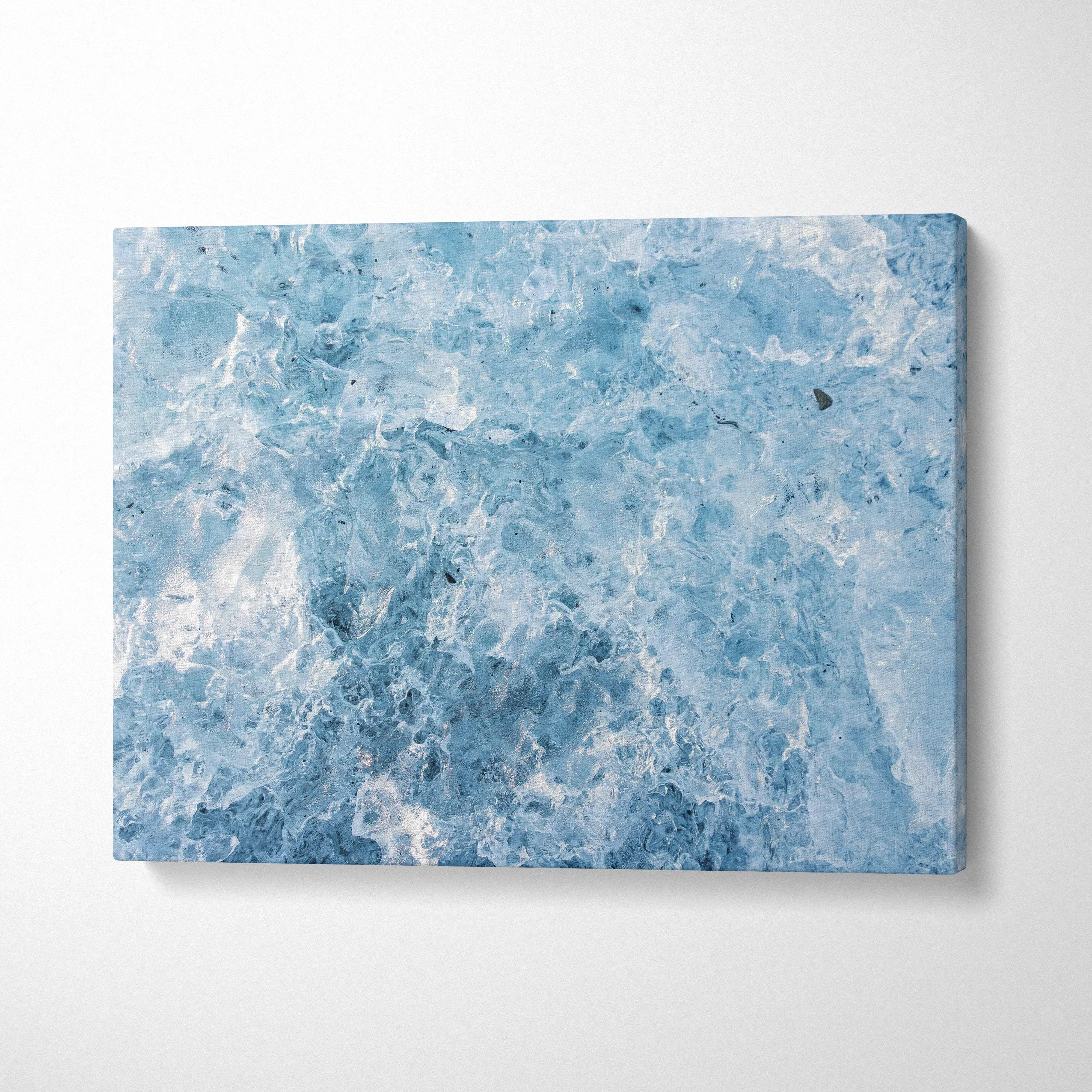 Abstract blue and white swirling pattern canvas art wall decor with textured digital design.