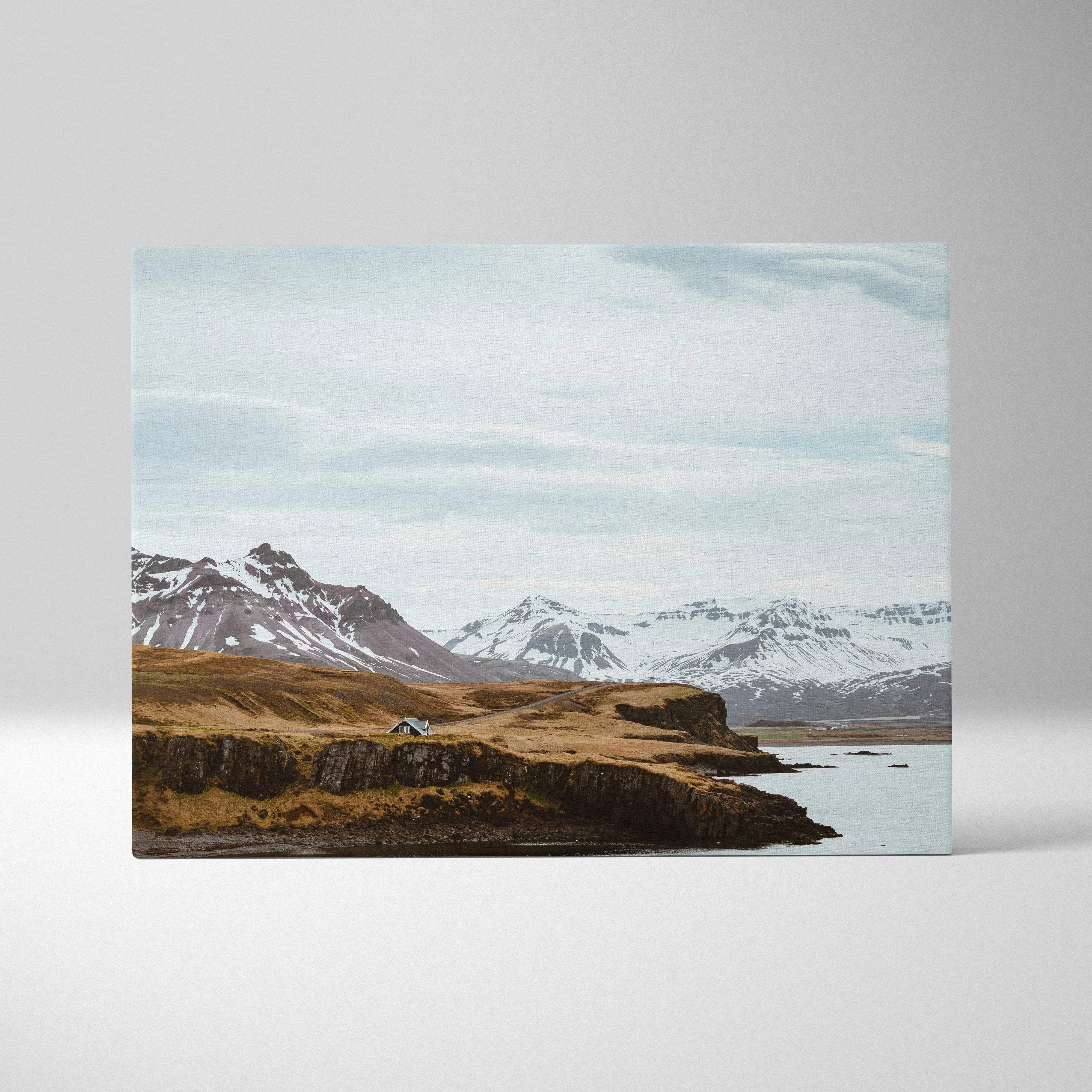 Canvas print of Nordic Icelandic snowy mountain coastline landscape