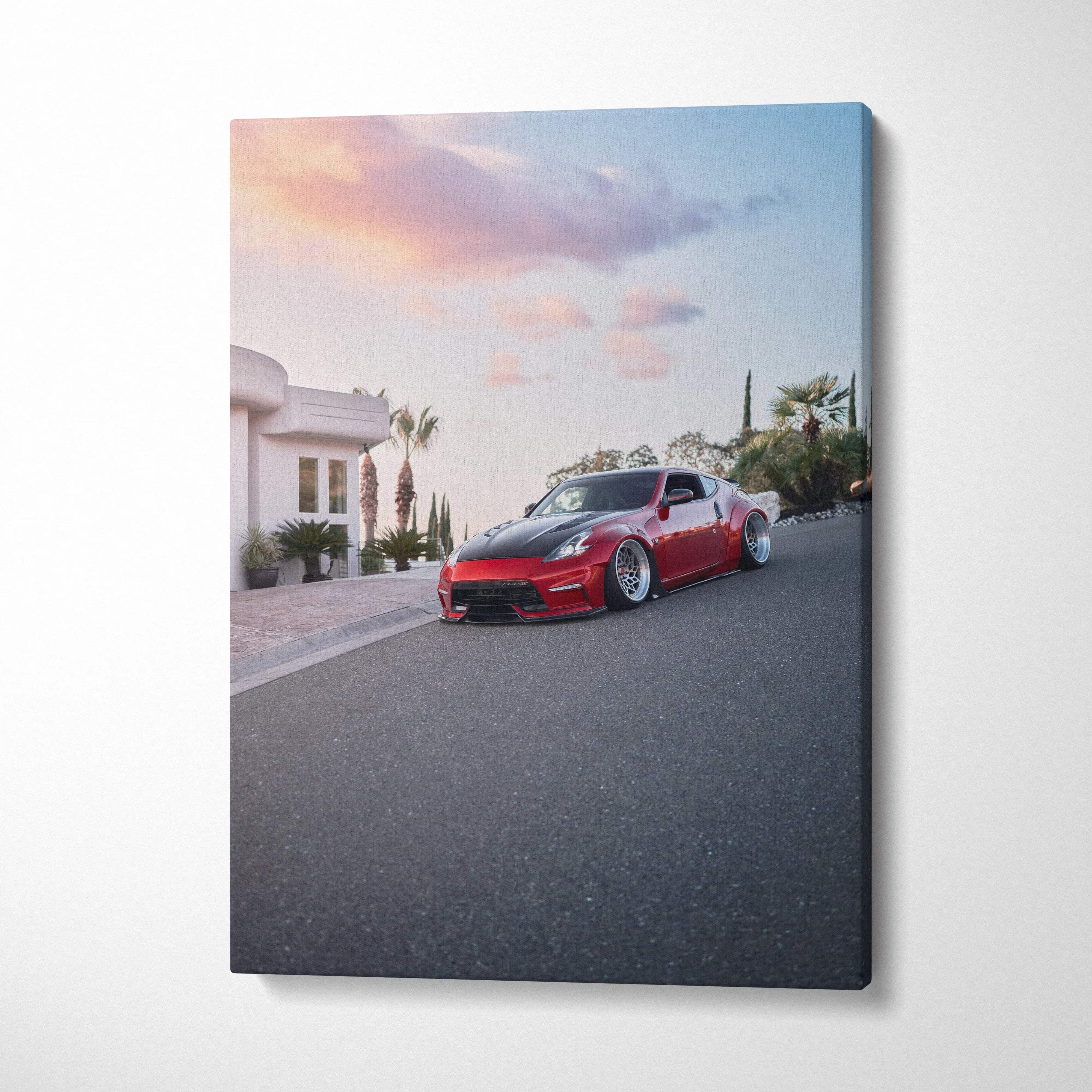 Nissan 370z red sports car on street at sunset canvas wall art print vertical.