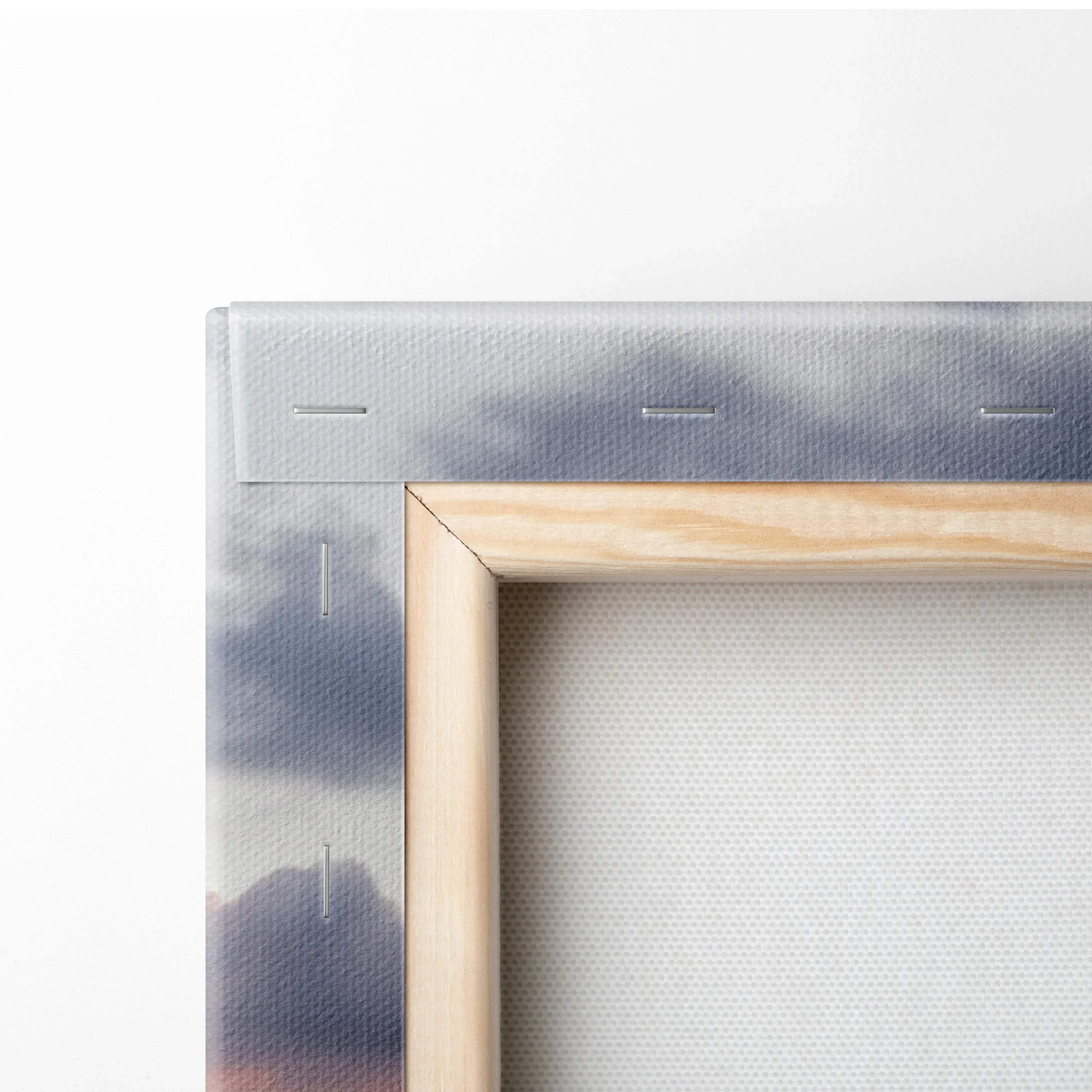 Light wood-framed canvas wall art showing grayish-blue sky with stitching, part of museum quality vertical red nissan 370z print