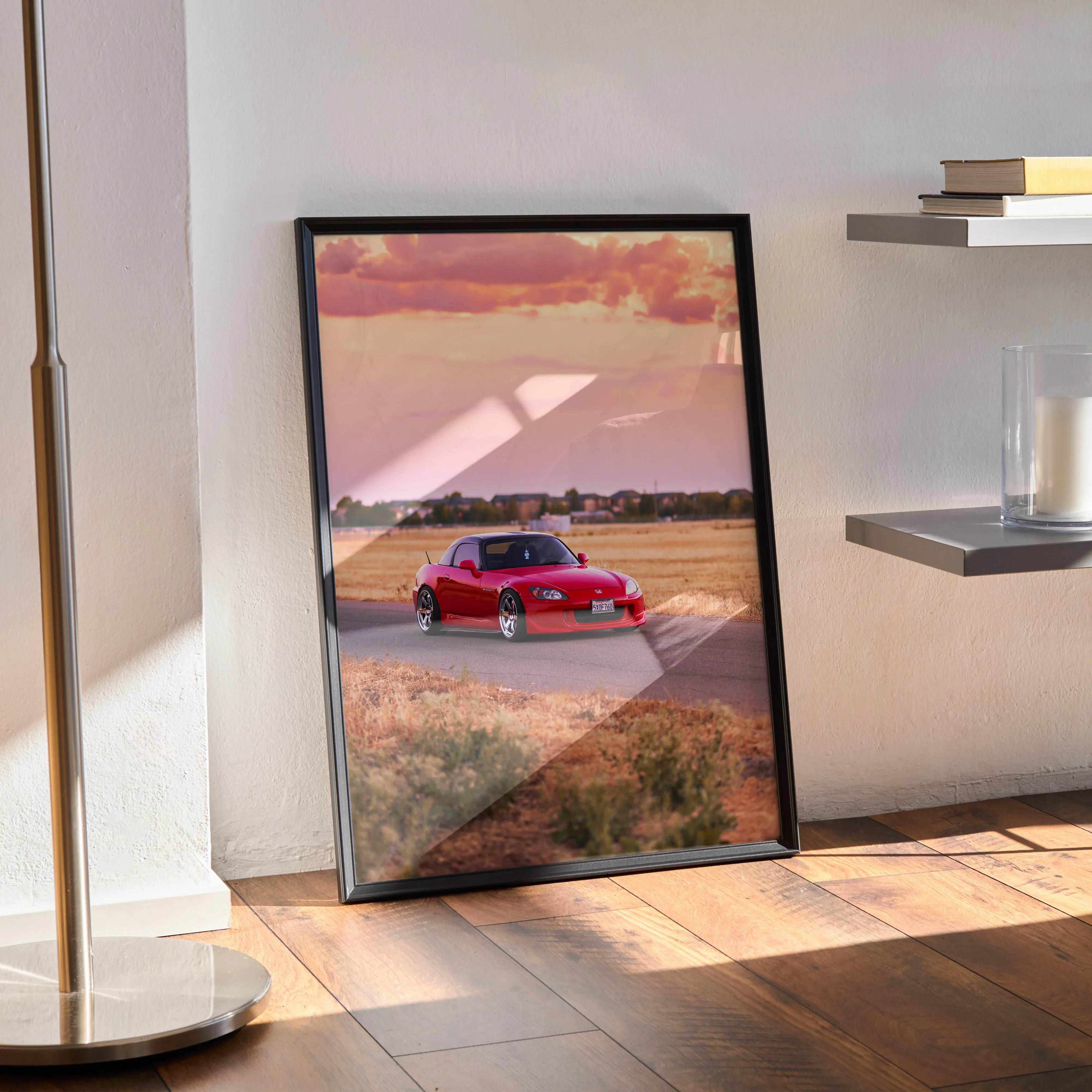 Honda S2000 red sports car poster with sunset background framed as wall art.