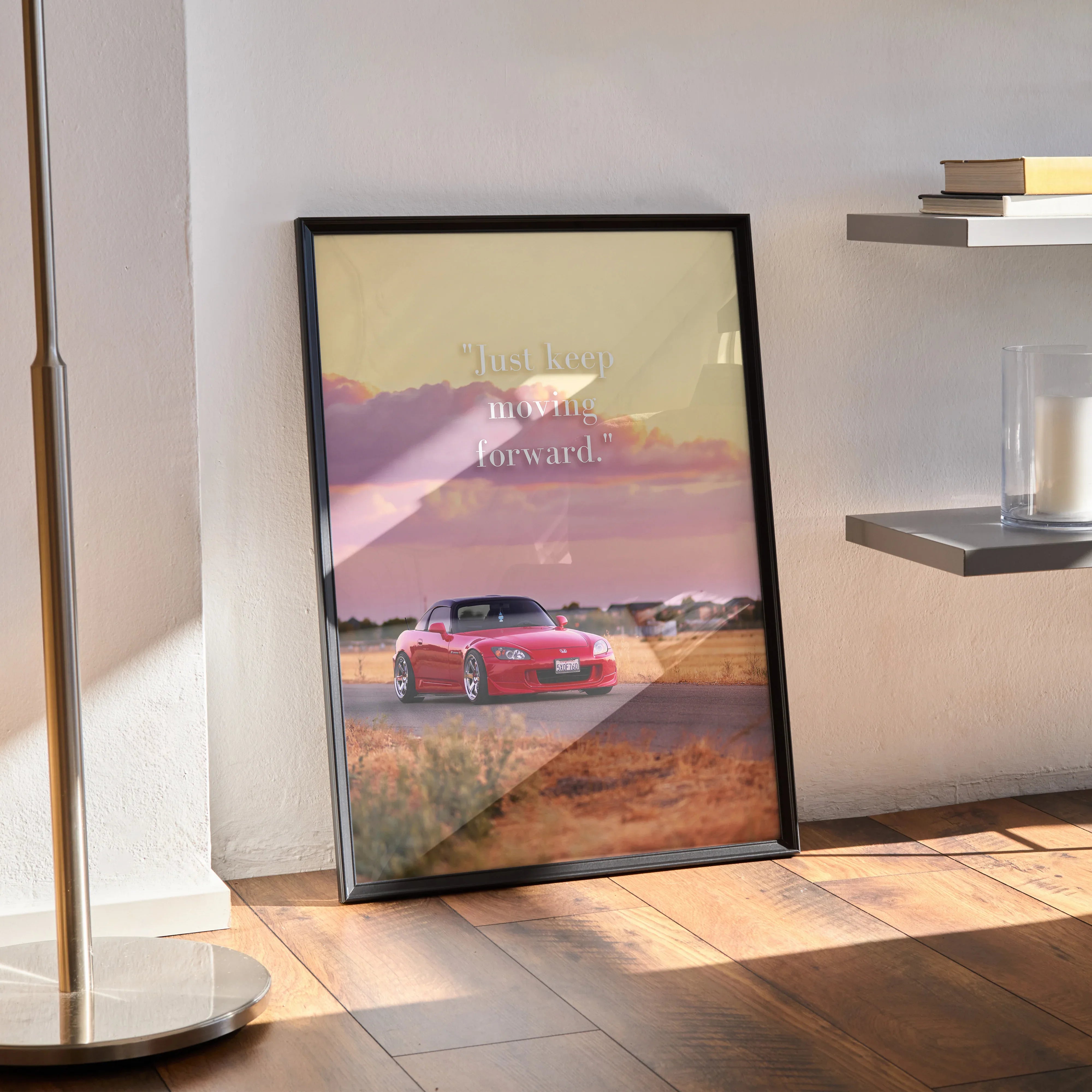 Motivational wall art poster featuring red Honda S2000 with inspiring text at sunset.