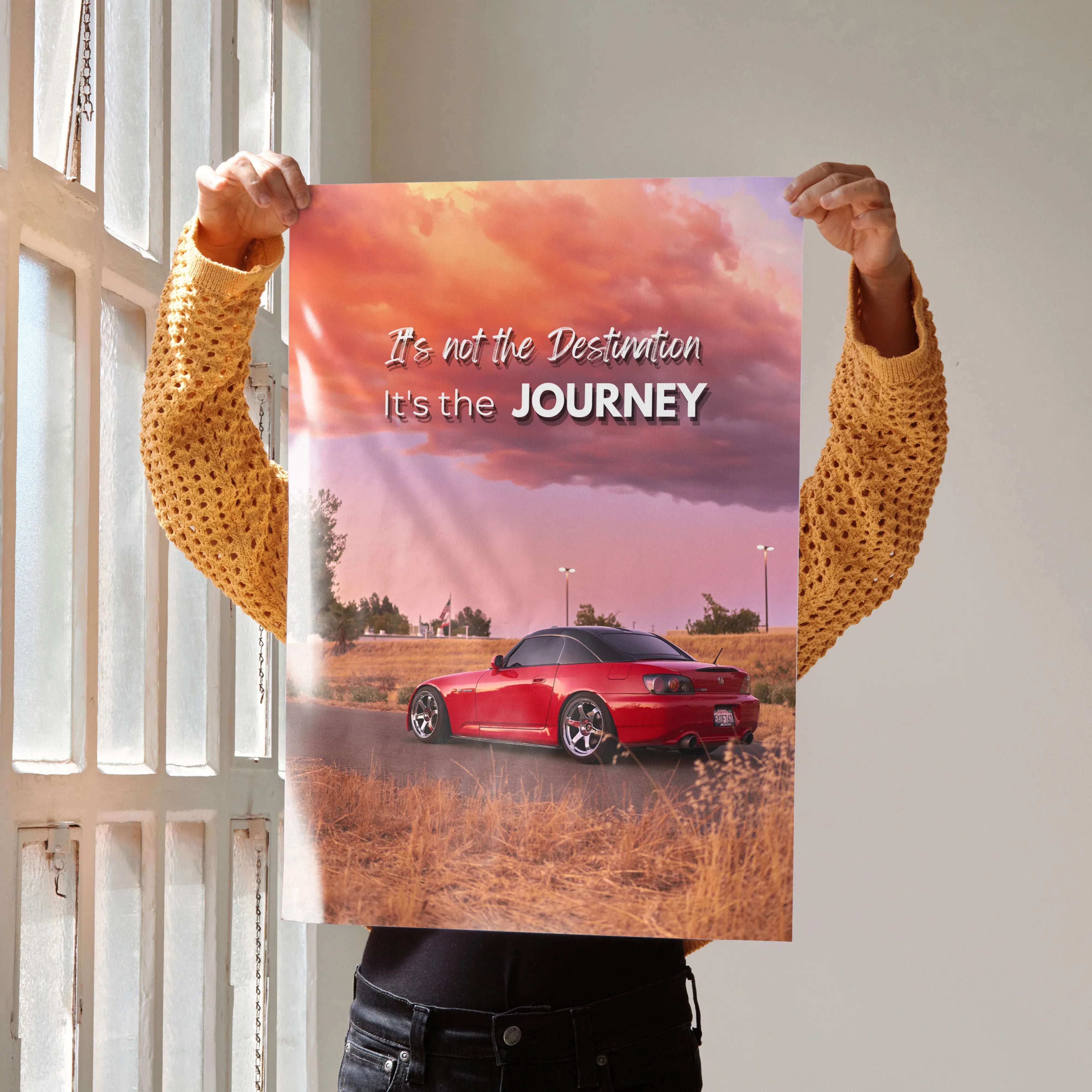 Motivational poster with red Honda S2000 on rural road under vibrant sunset sky wall art.