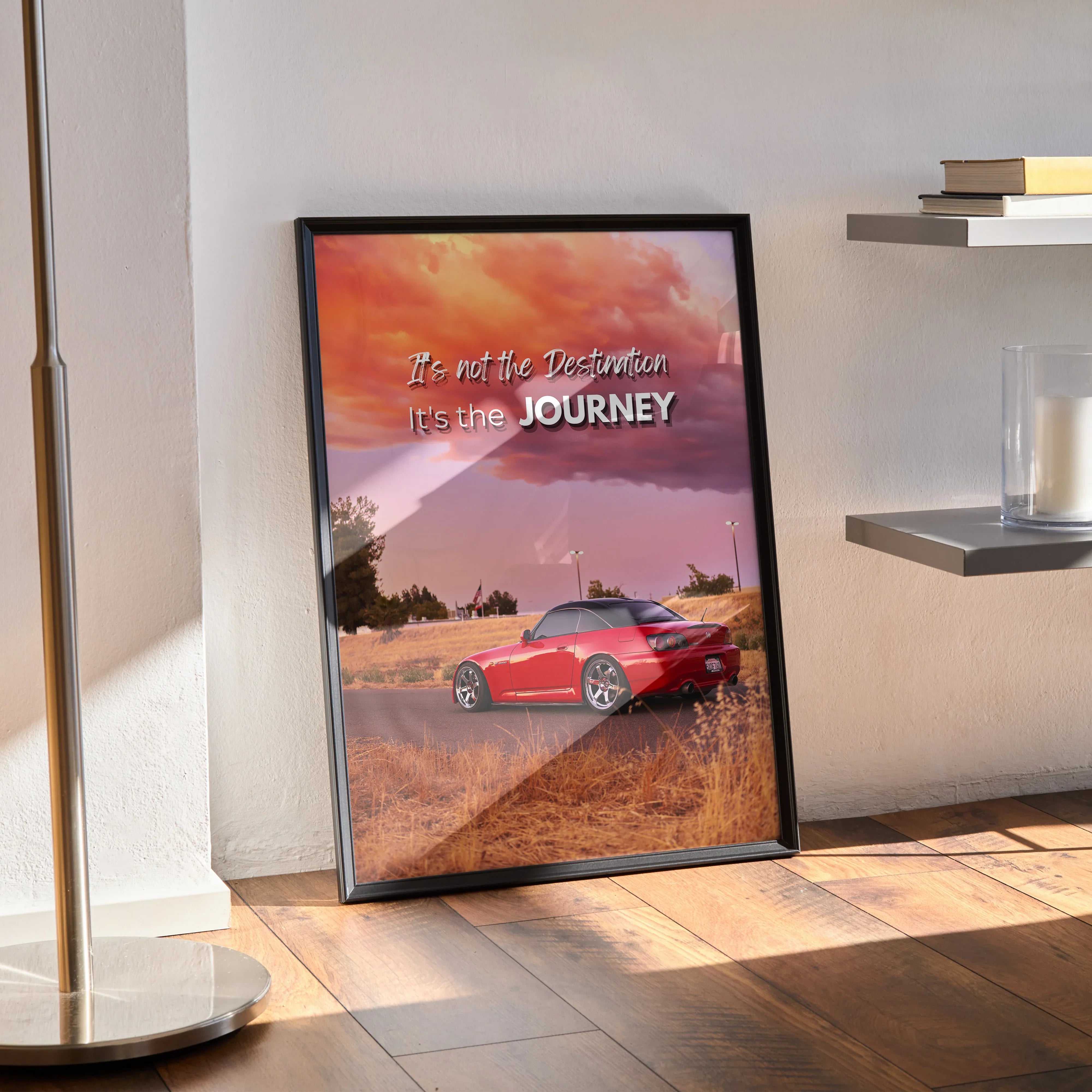Motivational poster with red Honda S2000 on winding road under dramatic sunset sky, wall art.