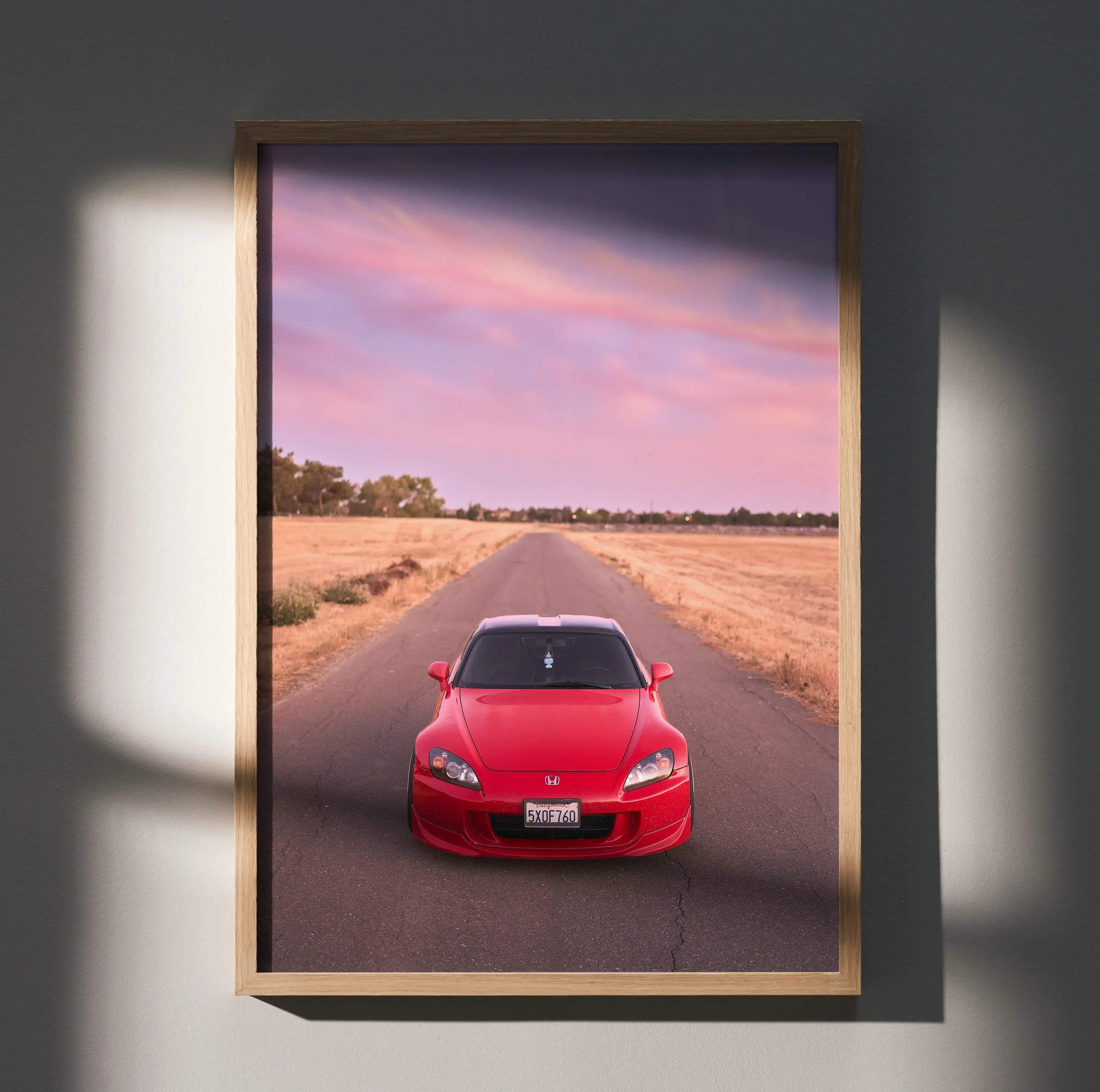 Red Honda S2000 sports car high resolution poster in a light wood frame titled Honda S2000 high resolution car poster 010