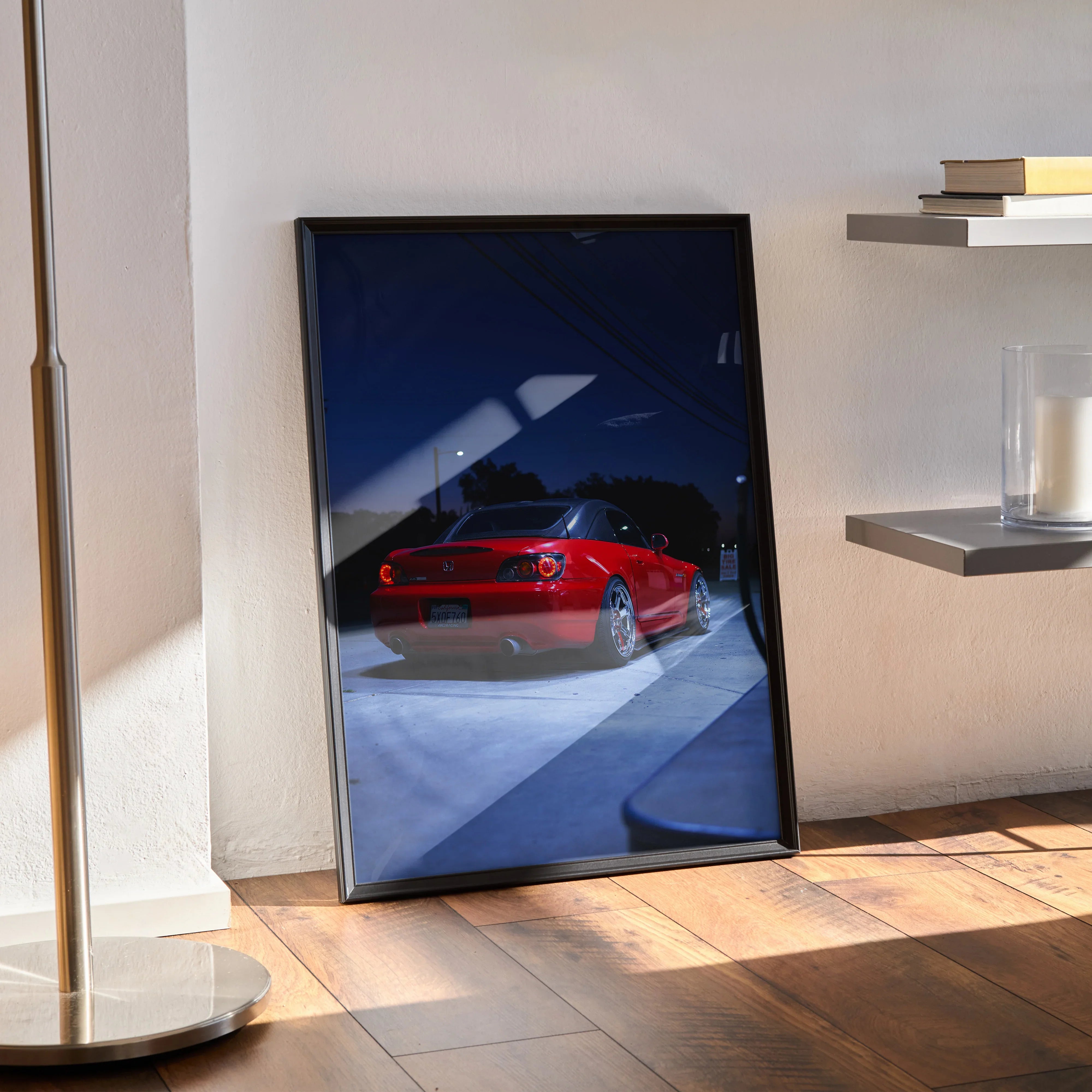 Honda S2000 red sports car poster with night cityscape in black frame wall art.