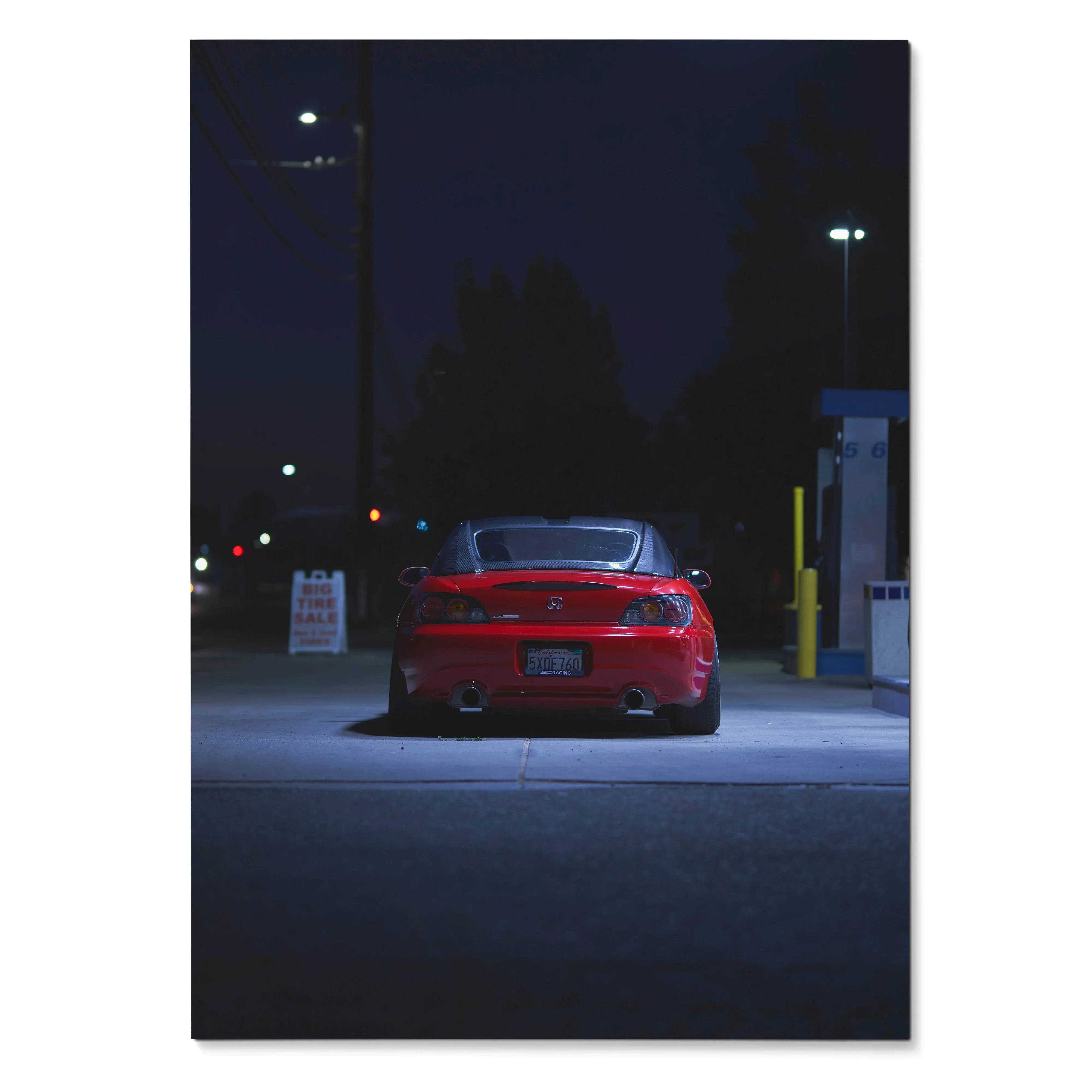 Honda S2000 rear view at night poster wall art with streetlight illumination.