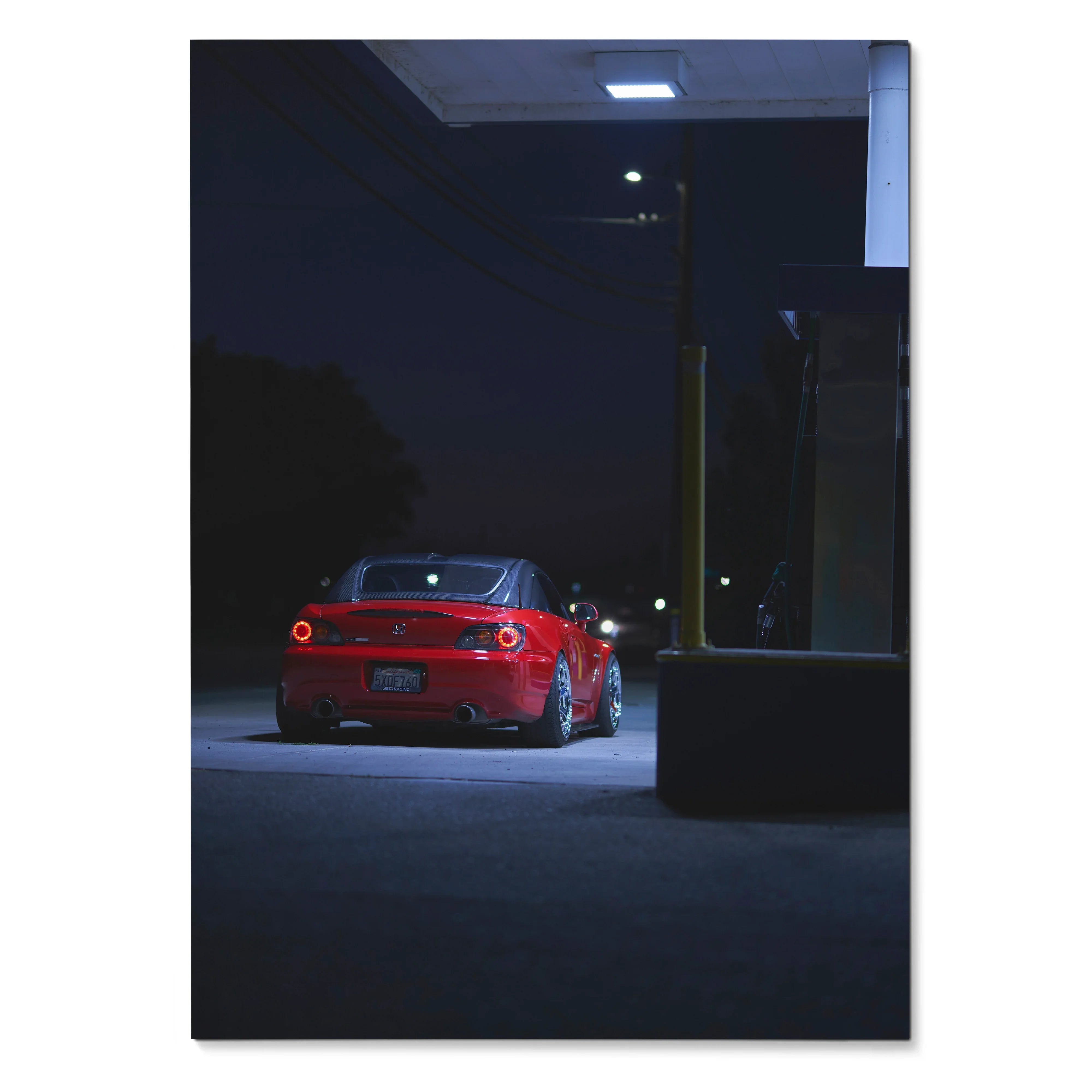 Red Honda S2000 sports car at night on street, high-resolution poster wall art.