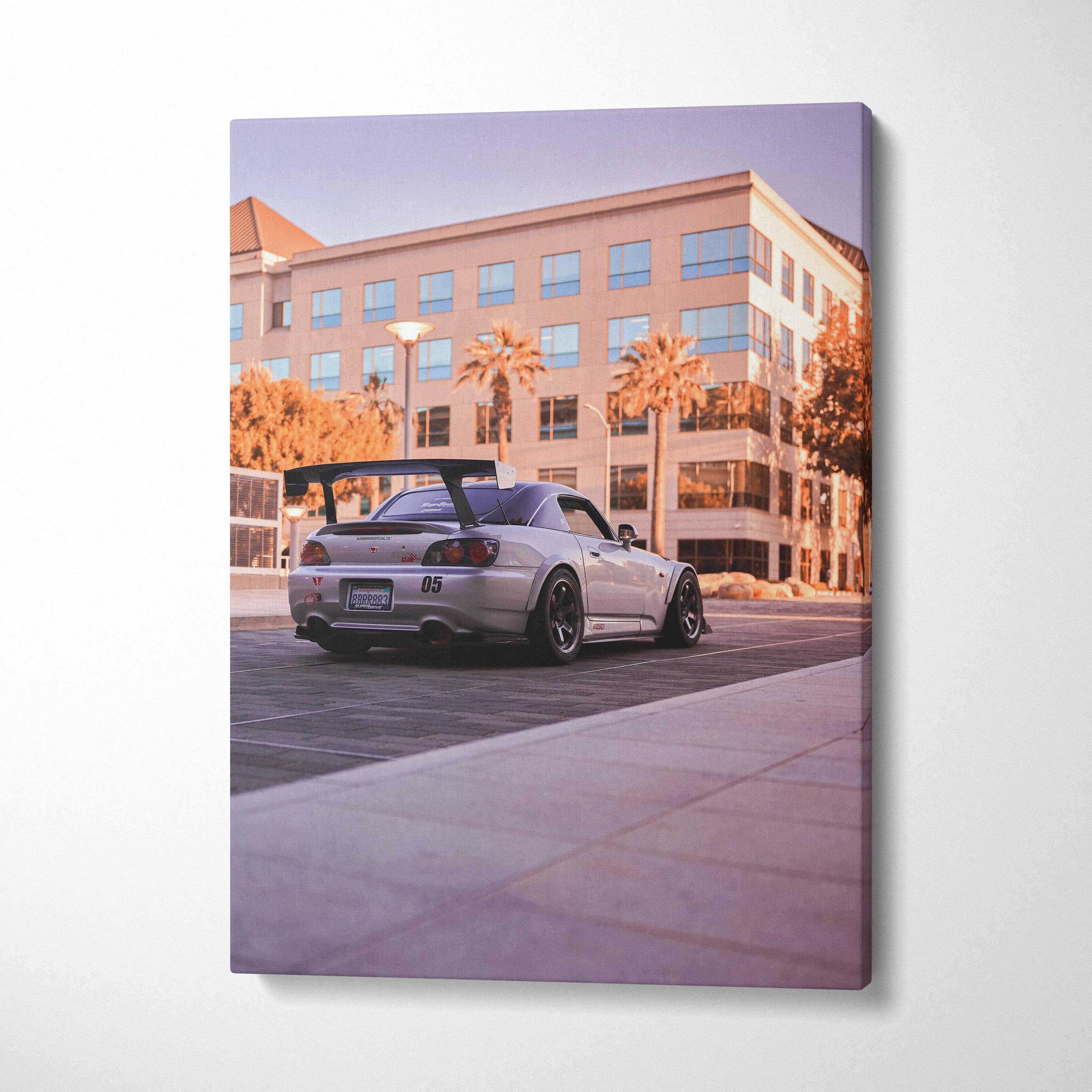 Honda S2000 sports car canvas wall art featuring urban sunset scene, vertical museum-quality canvas art.