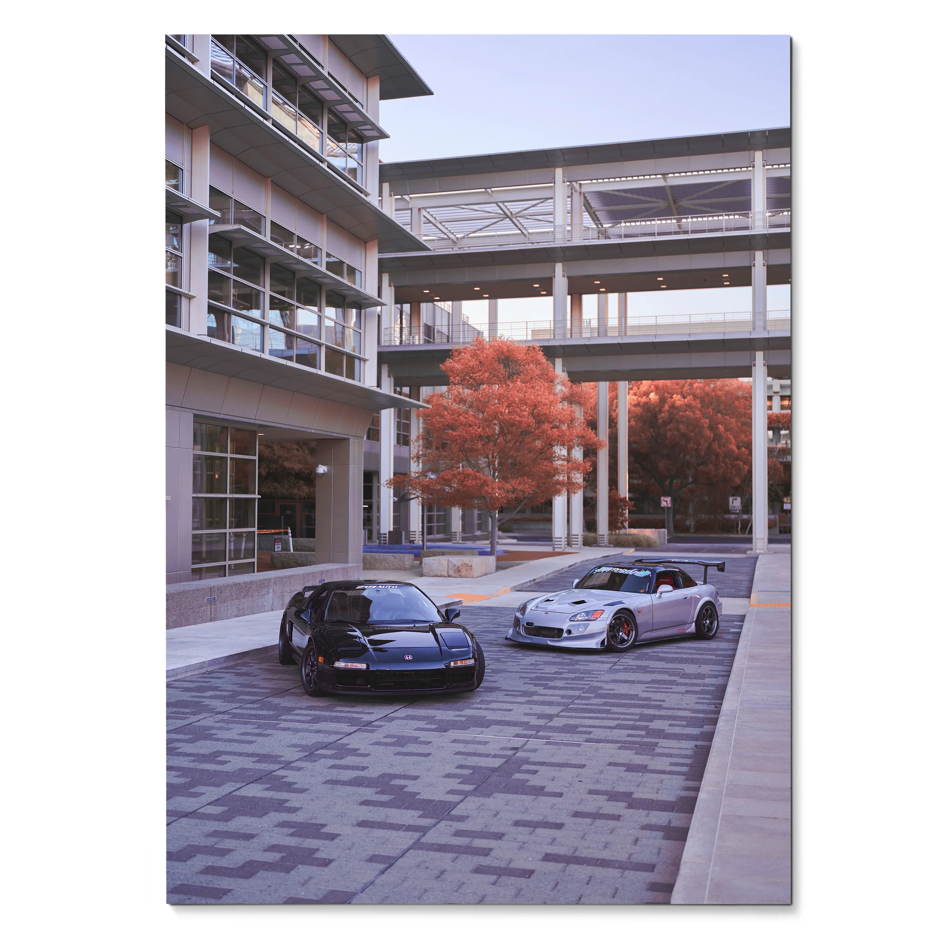 Poster wall art featuring black Acura NSX and silver Honda S2000 parked in modern urban setting with red autumn tree.