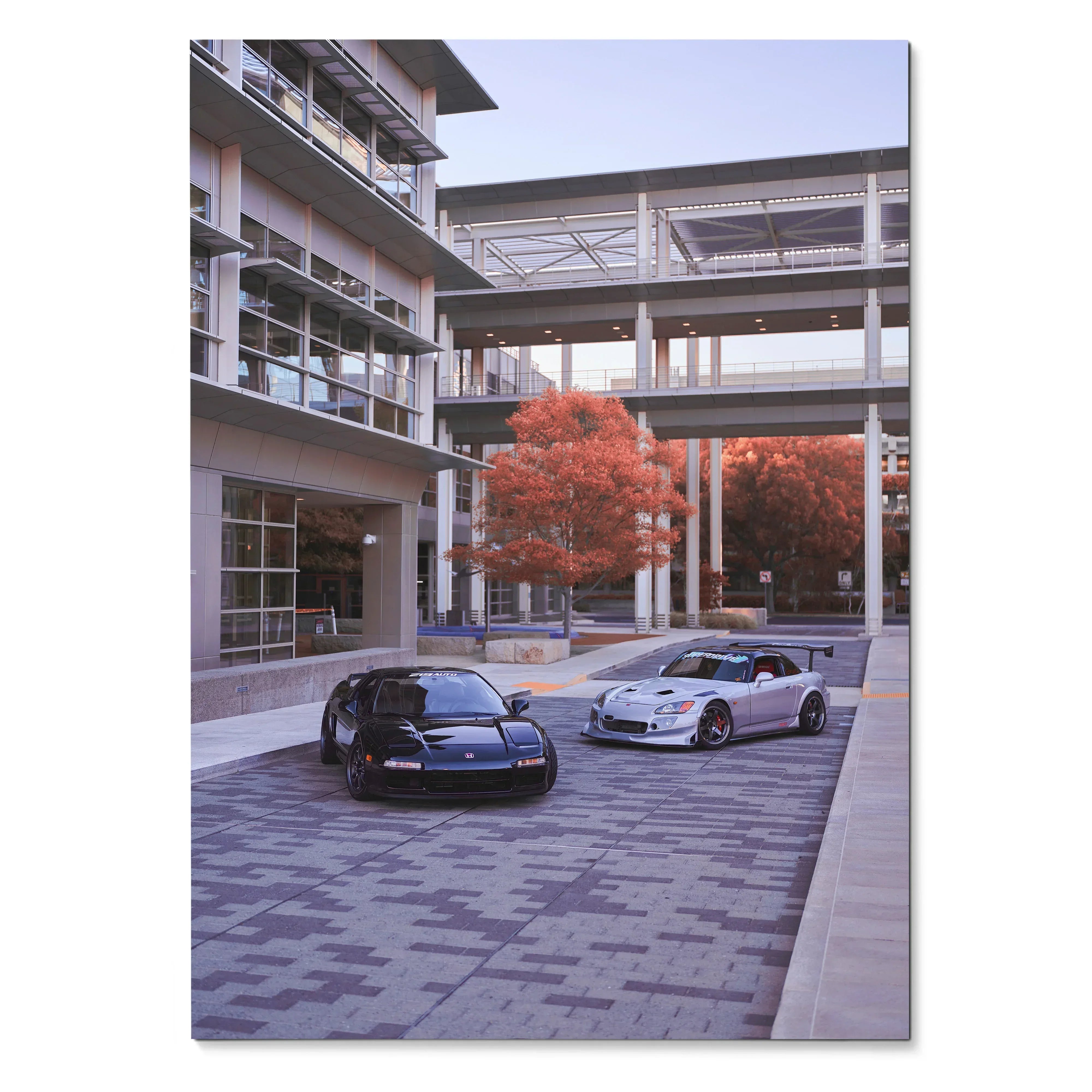 Poster wall art featuring black Acura NSX and silver Honda S2000 parked in modern urban setting with red autumn tree.