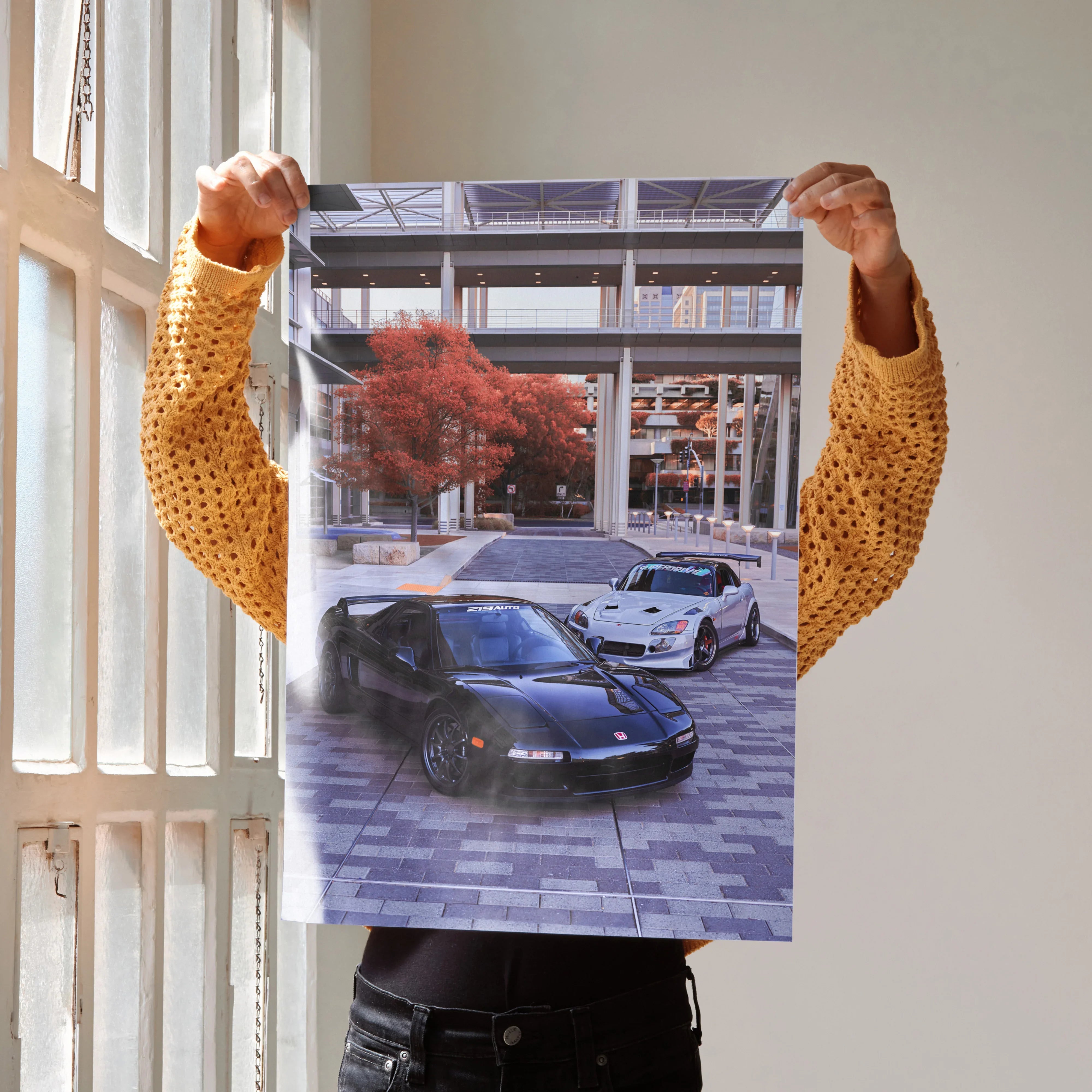 Acura NSX and Honda S2000 high-resolution poster featuring sleek sports cars with modern urban backdrop wall art.