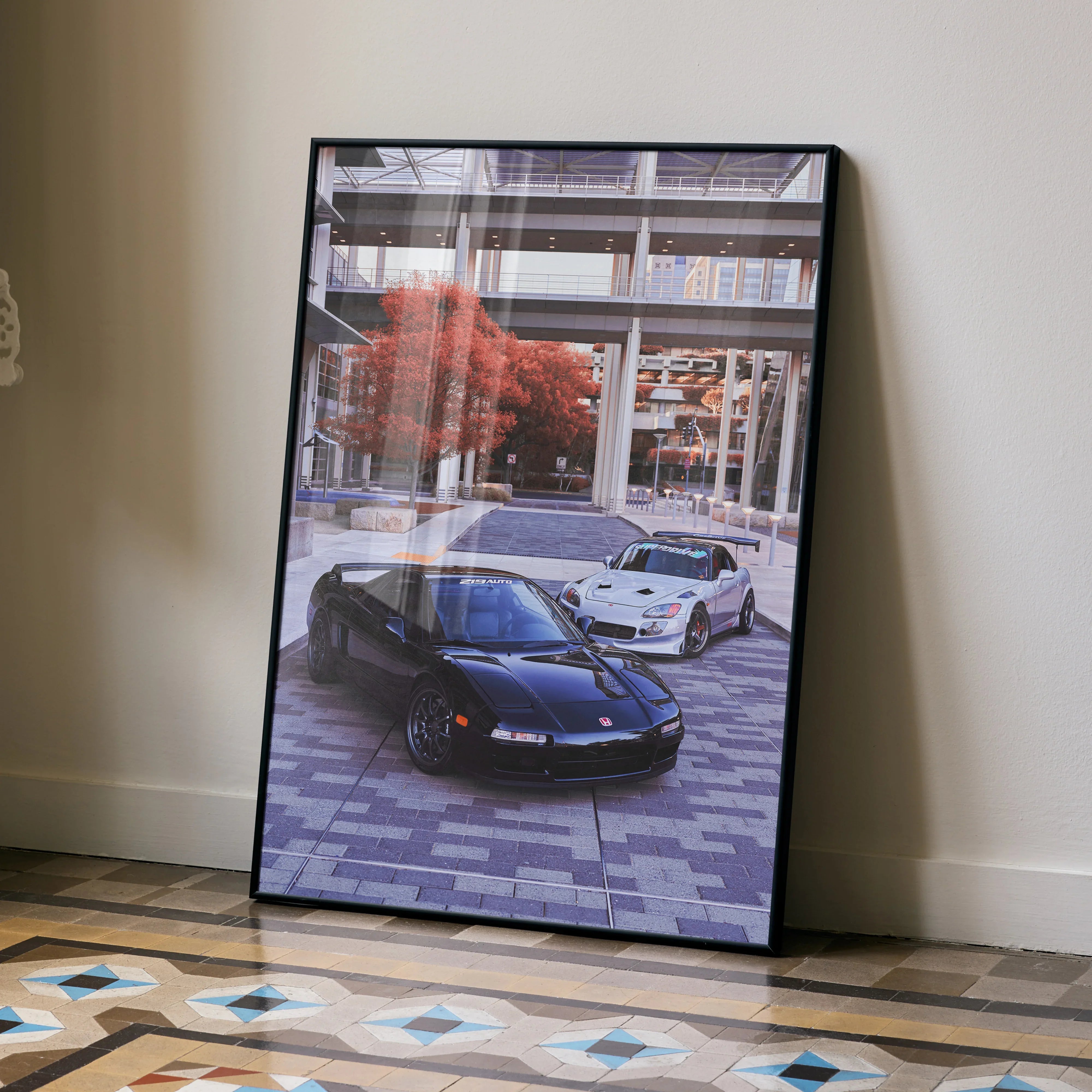 Acura NSX and Honda S2000 poster featuring black and white cars in urban setting, automotive wall art.