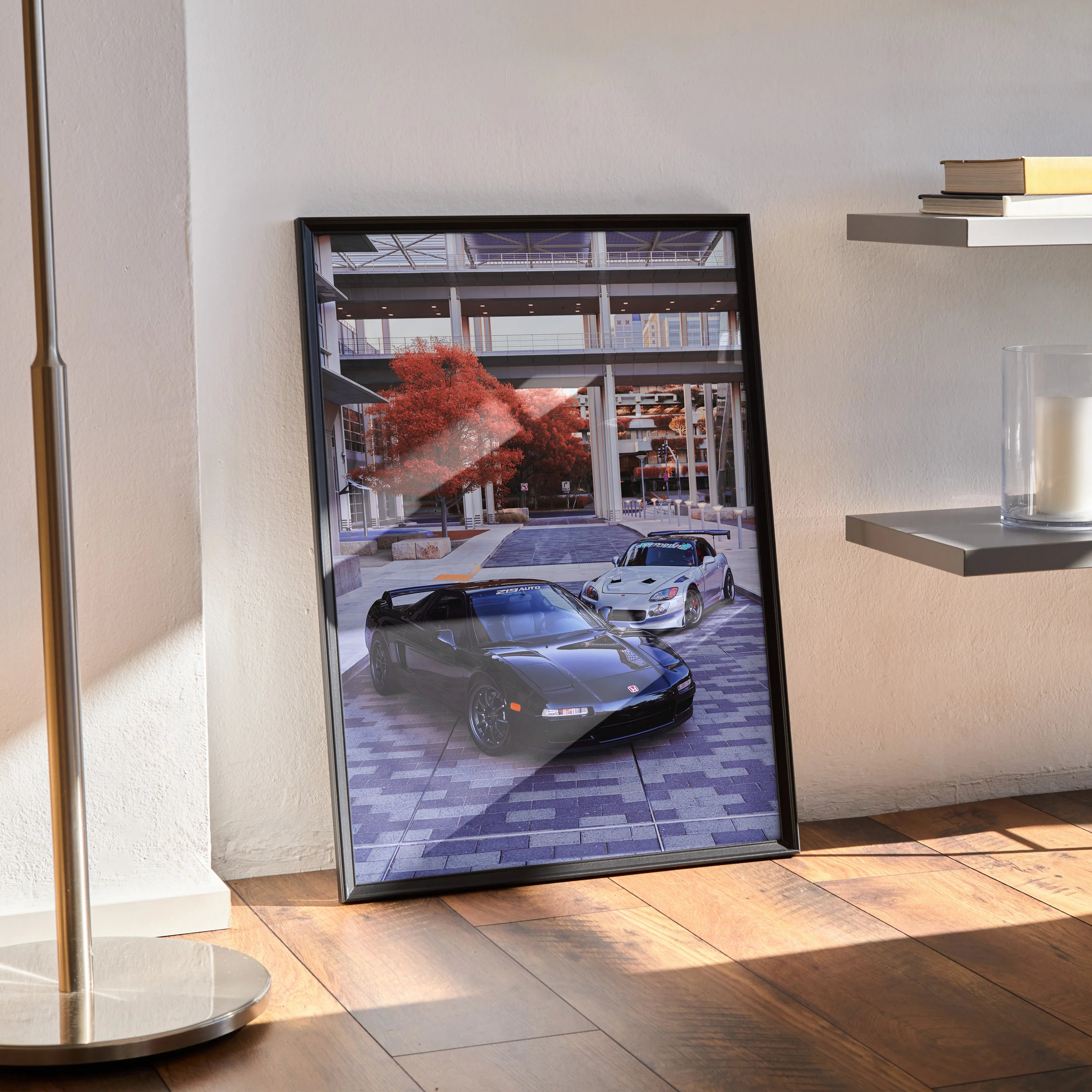 Framed Acura NSX and Honda S2000 poster with urban garage scene, automotive wall art.