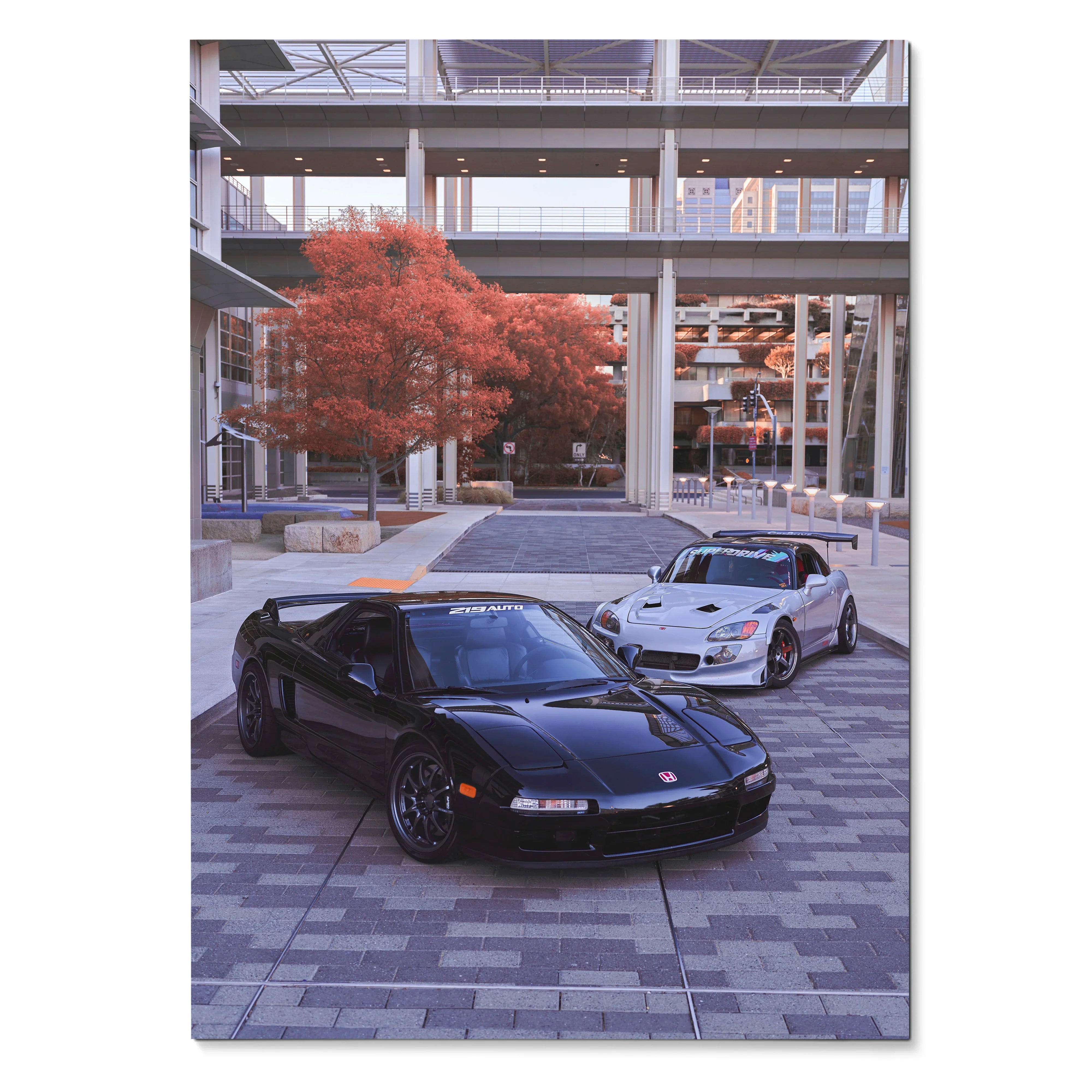 Acura NSX and Honda S2000 parked under urban structure with red trees automotive poster wall art.