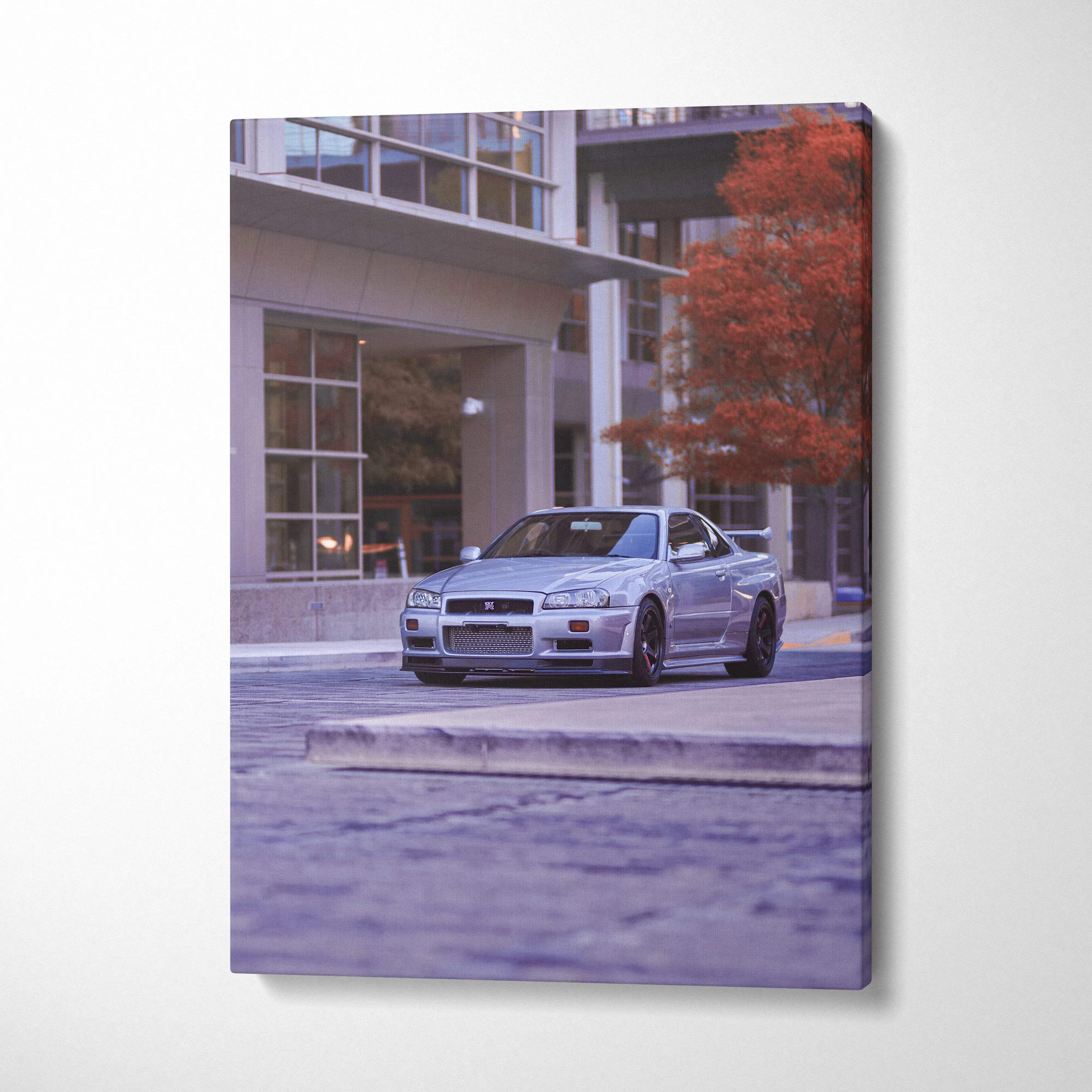 Nissan GTR R34 Skyline car canvas wall art with urban background and autumn tree.