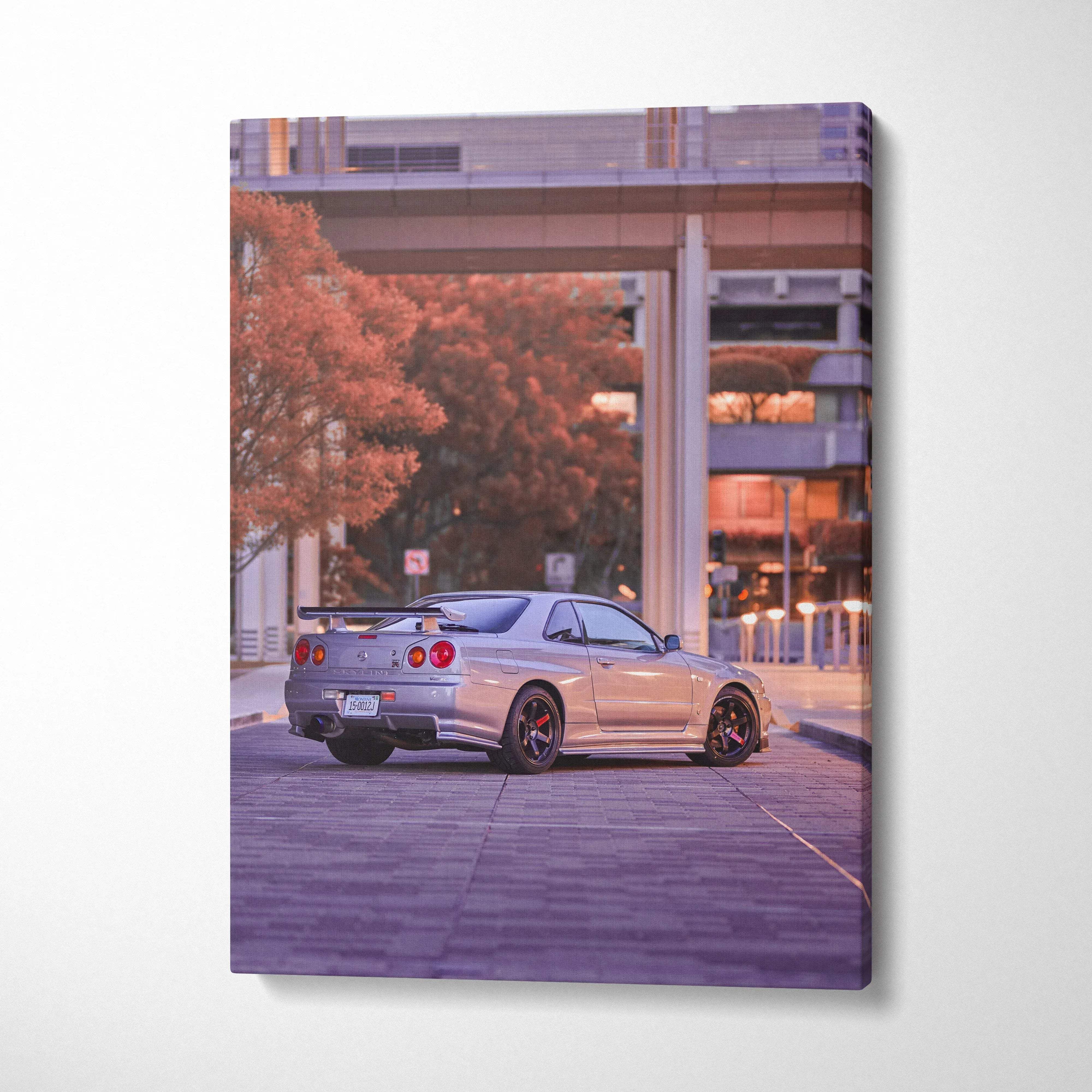 Nissan GTR R34 Skyline canvas wall art with urban sunset background, vertical museum-quality canvas print.