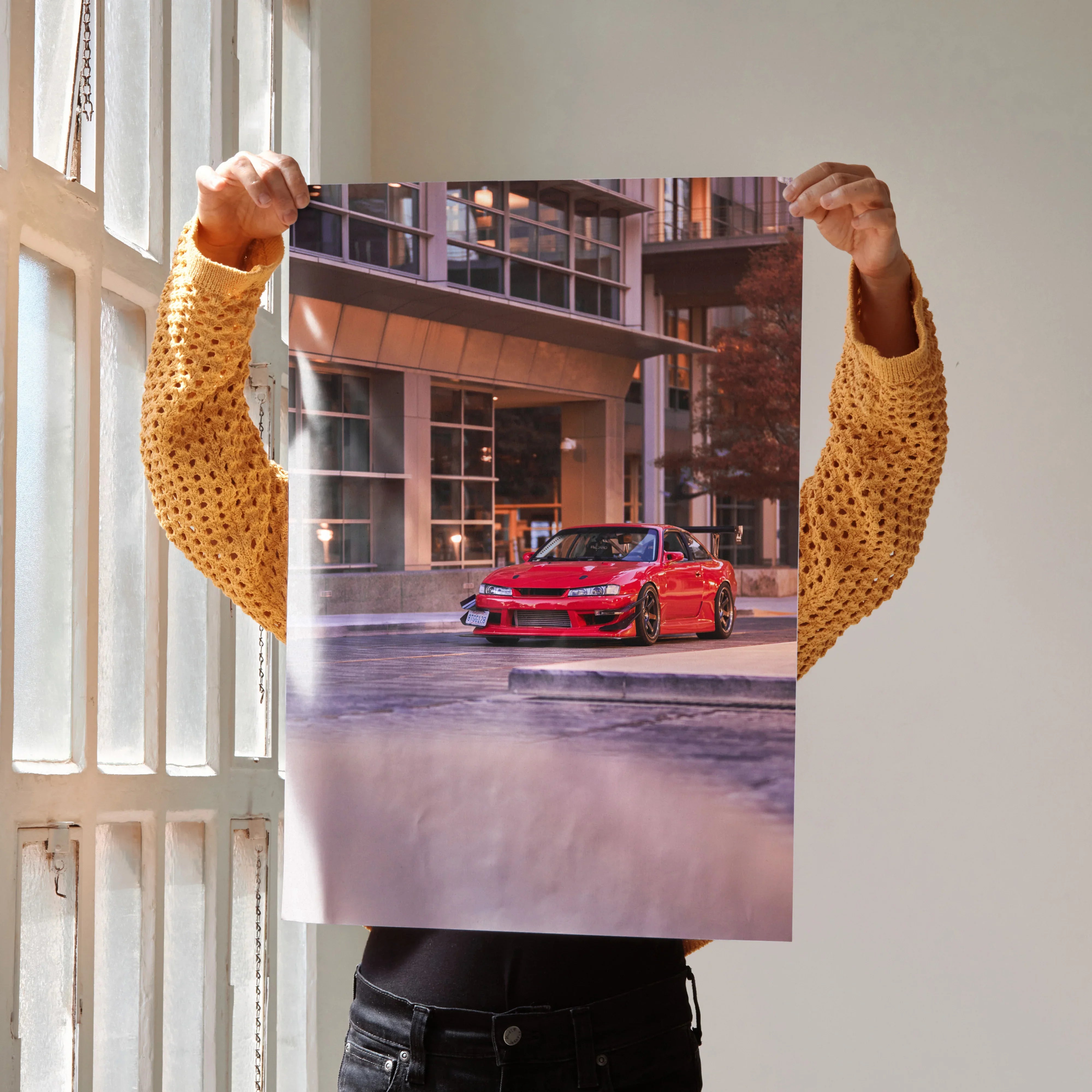Red Nissan 240sx S14 Kouki parked urban street scene poster wall art.