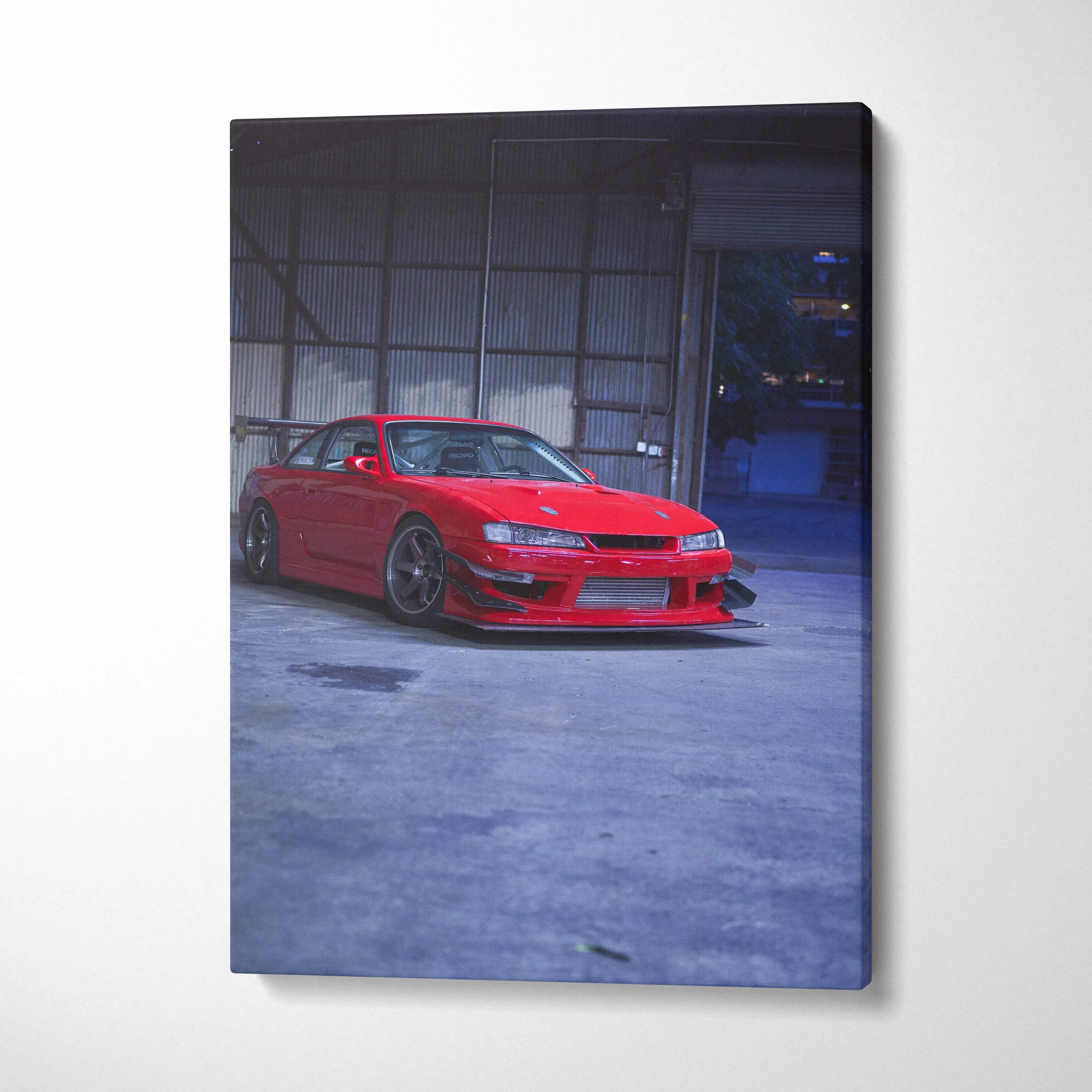 Red Nissan 240sx S14 Kouki car in urban setting on vertical canvas wall art.