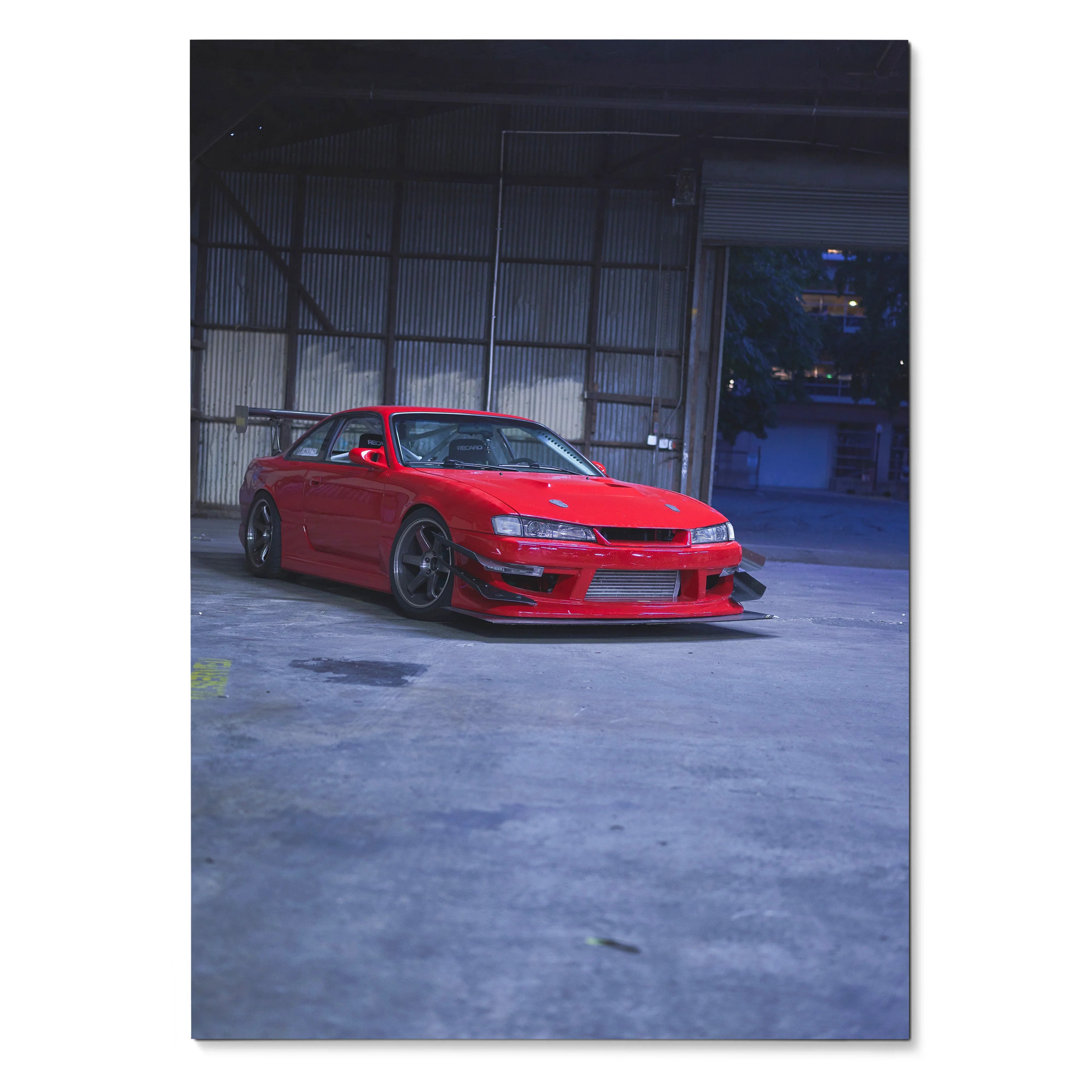 Nissan 240sx S14 Kouki red sports car parked in industrial setting poster wall art.