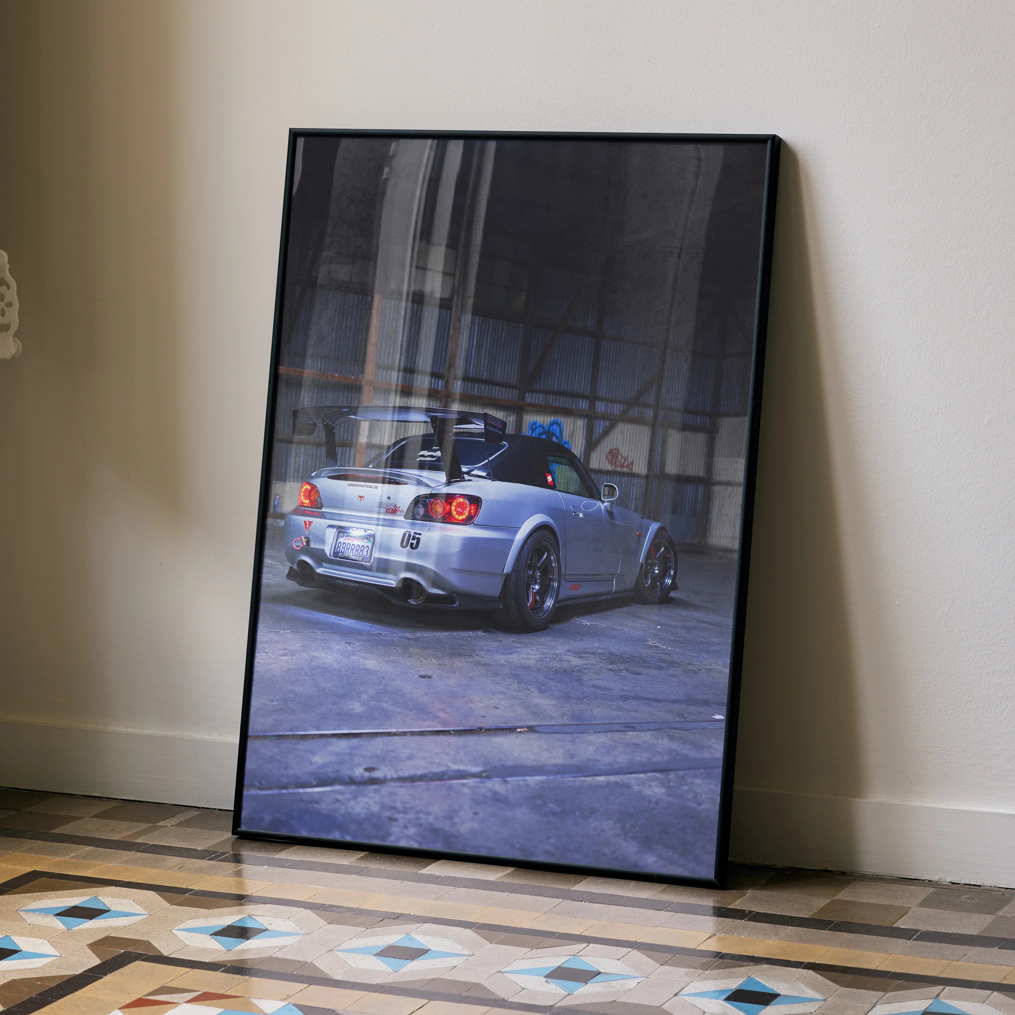 Honda S2000 JDM art print poster showing silver sports car rear in urban setting, wall art.