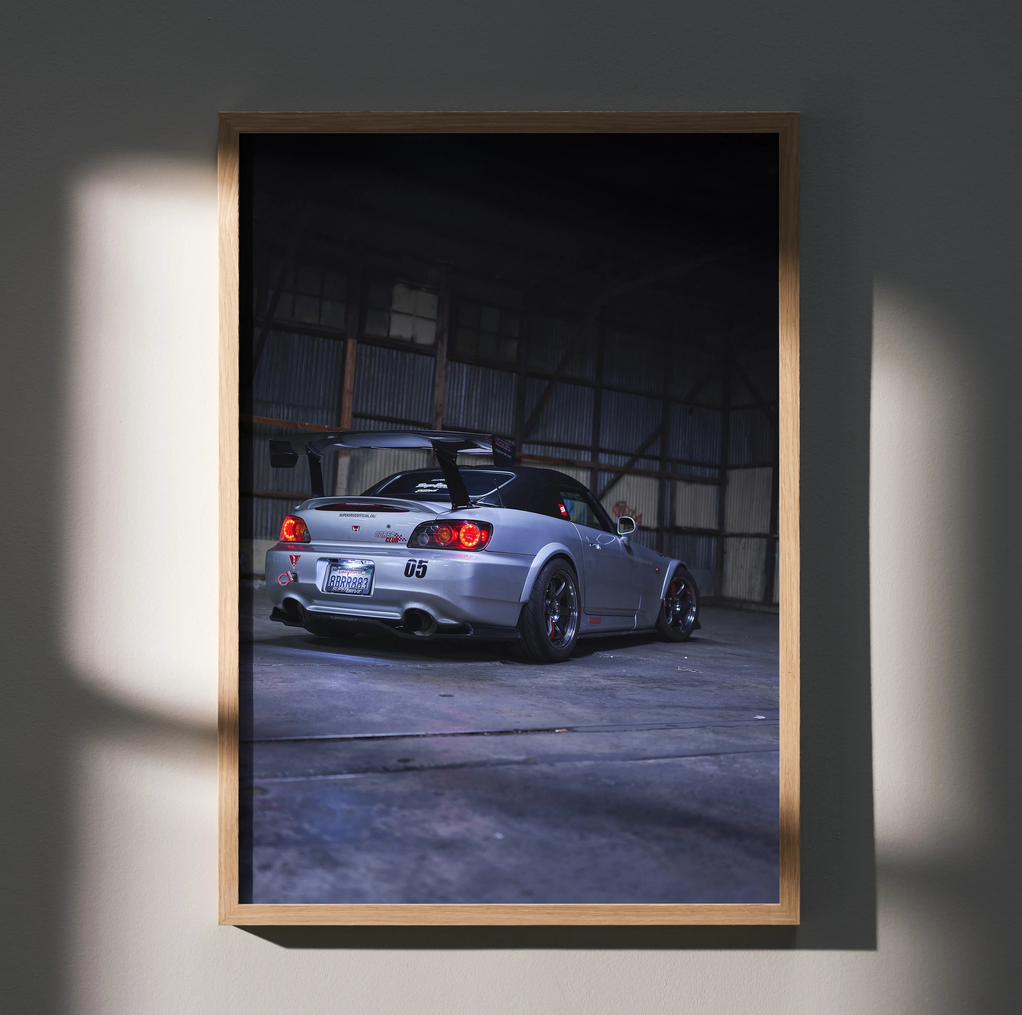 Honda S2000 silver sports car parked in dark garage, automotive art poster wall art.
