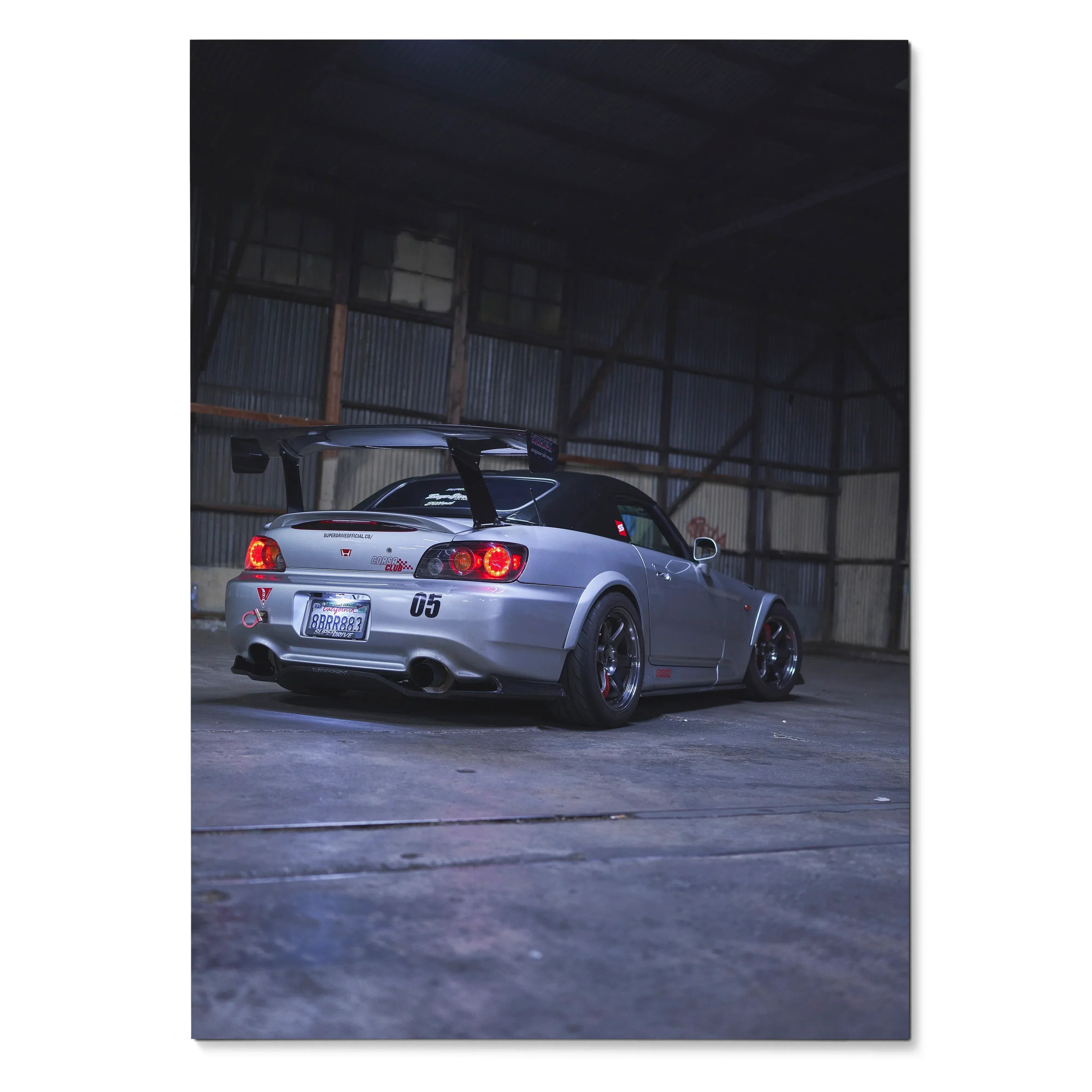 Honda S2000 sports car parked inside industrial warehouse poster wall art.