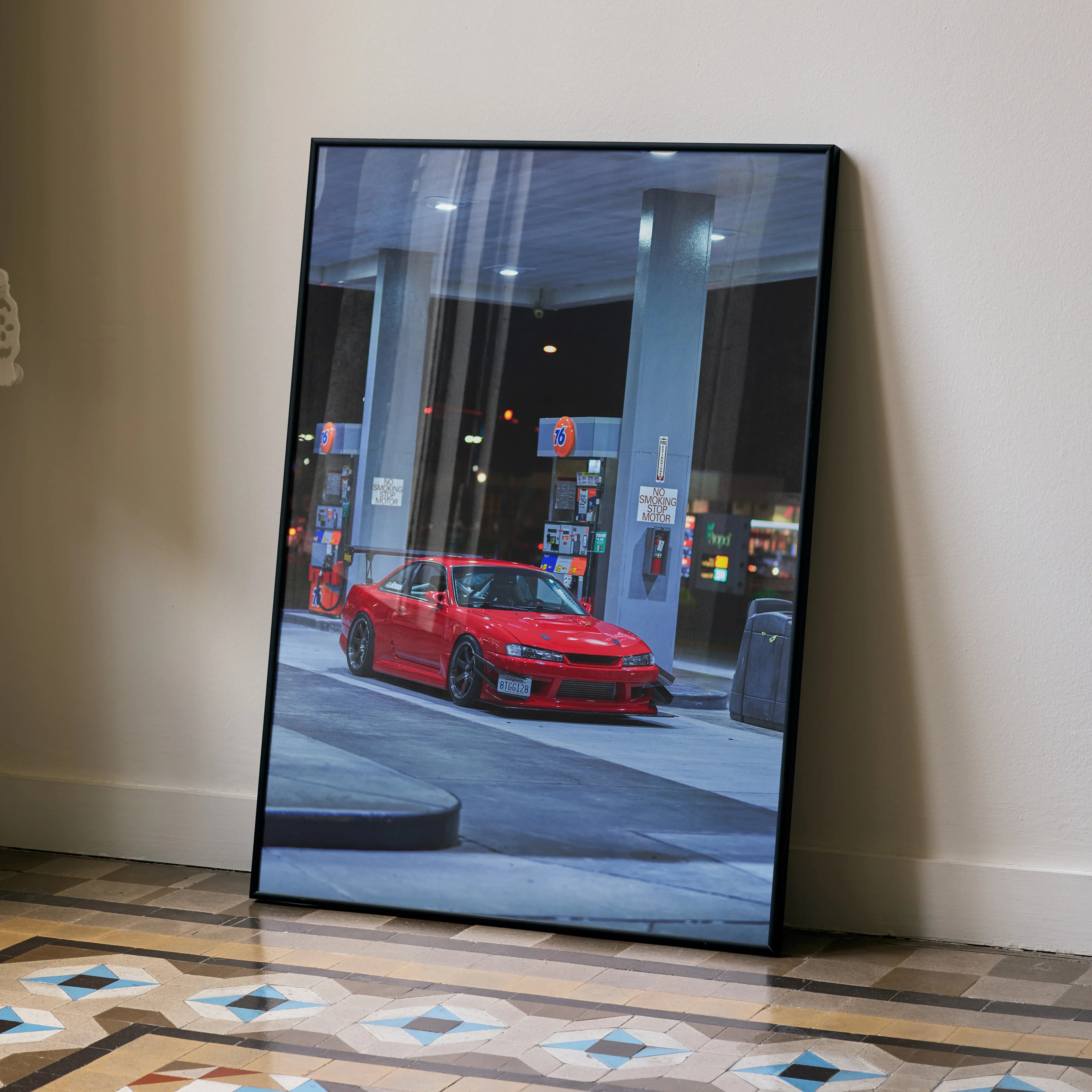 Nissan 240SX S14 Kouki red sports car poster leaning on wall, urban night scene wall art.